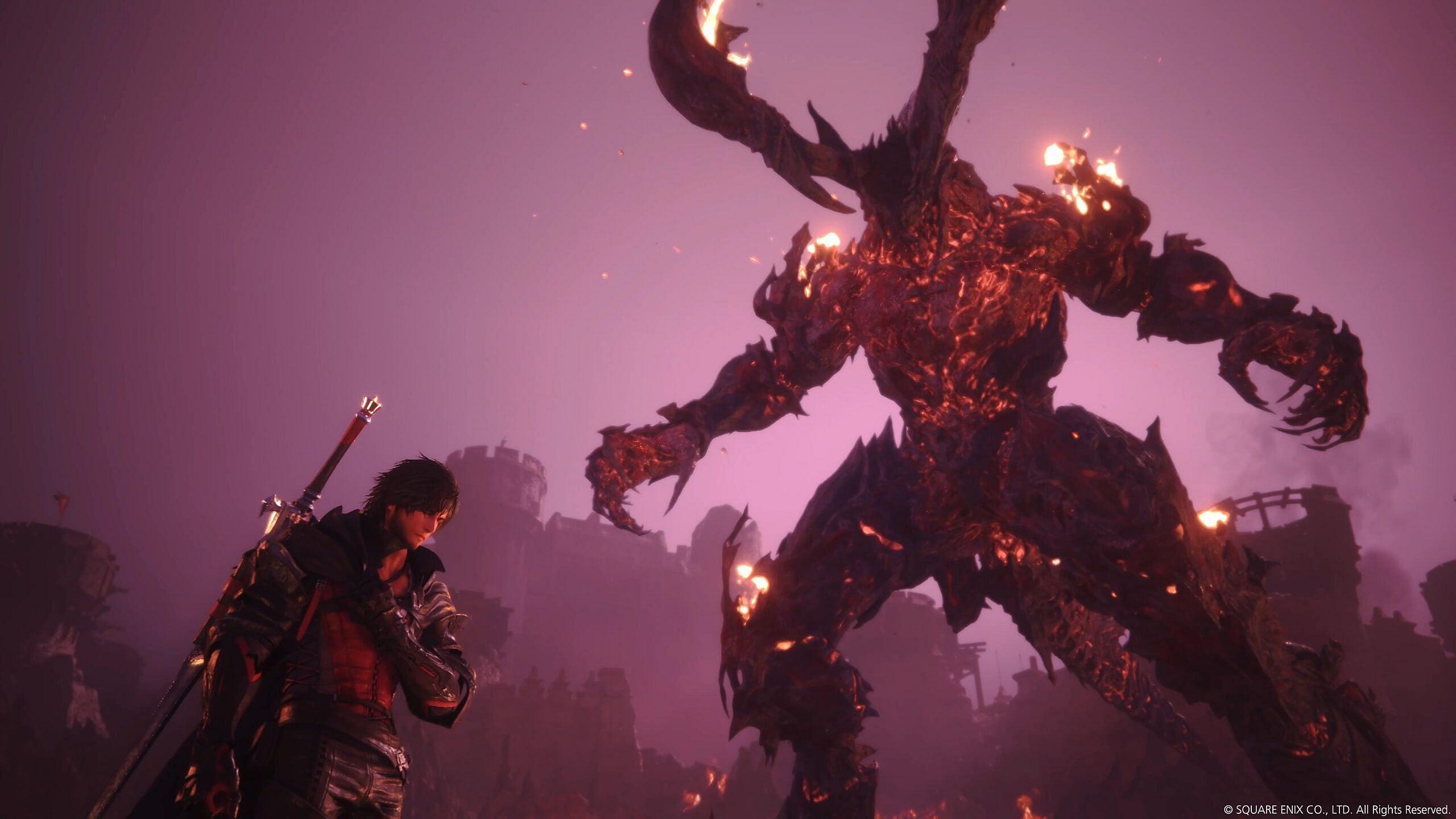 Clive Rosfield (Yuma Uchida) stands before Ifrit in Final Fantasy XVI (2023), Square Enix