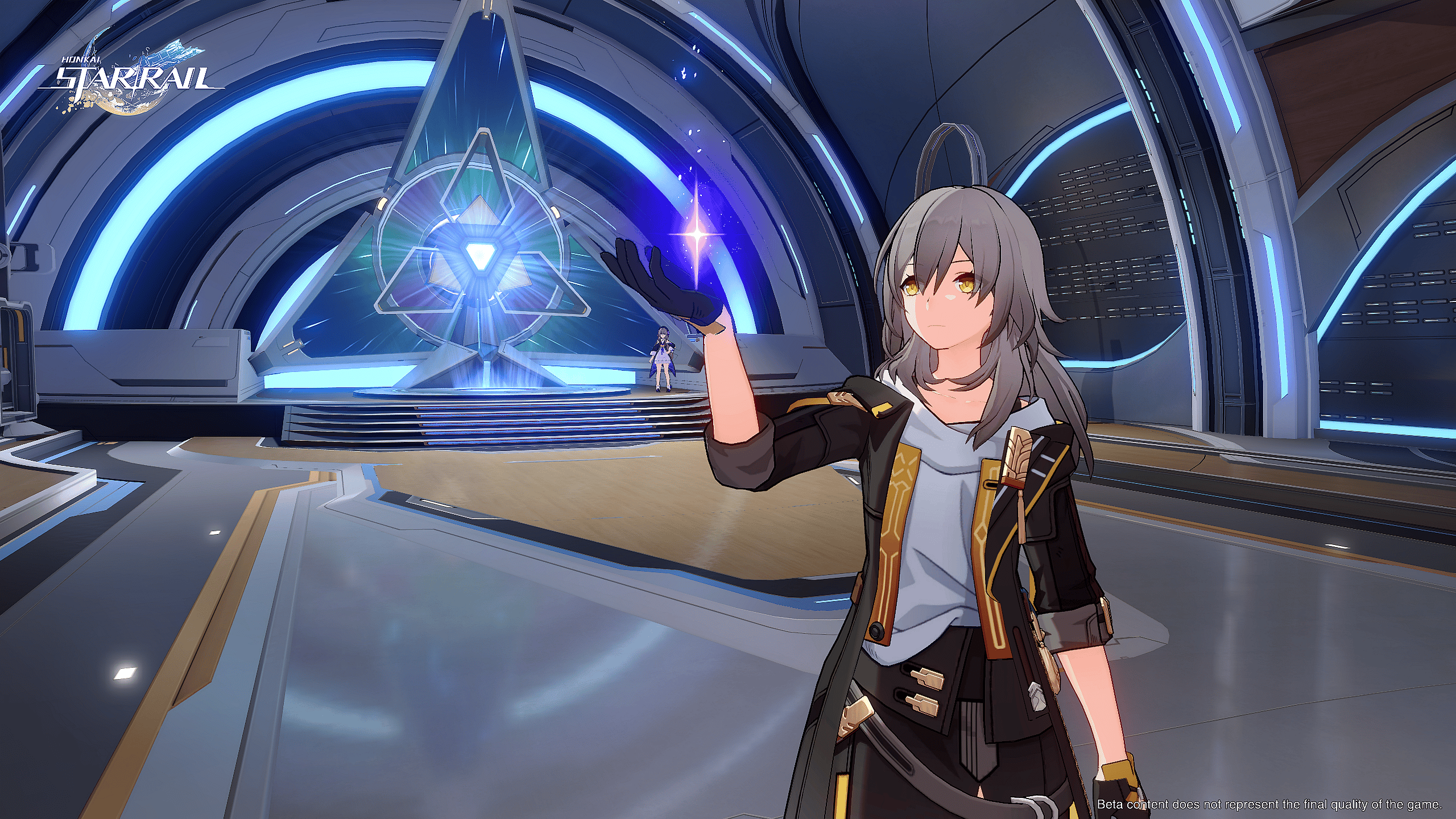 Female Trailblazer gazes at energy in her hand aboard Astral Train in Honkai: Star Rail (2023)