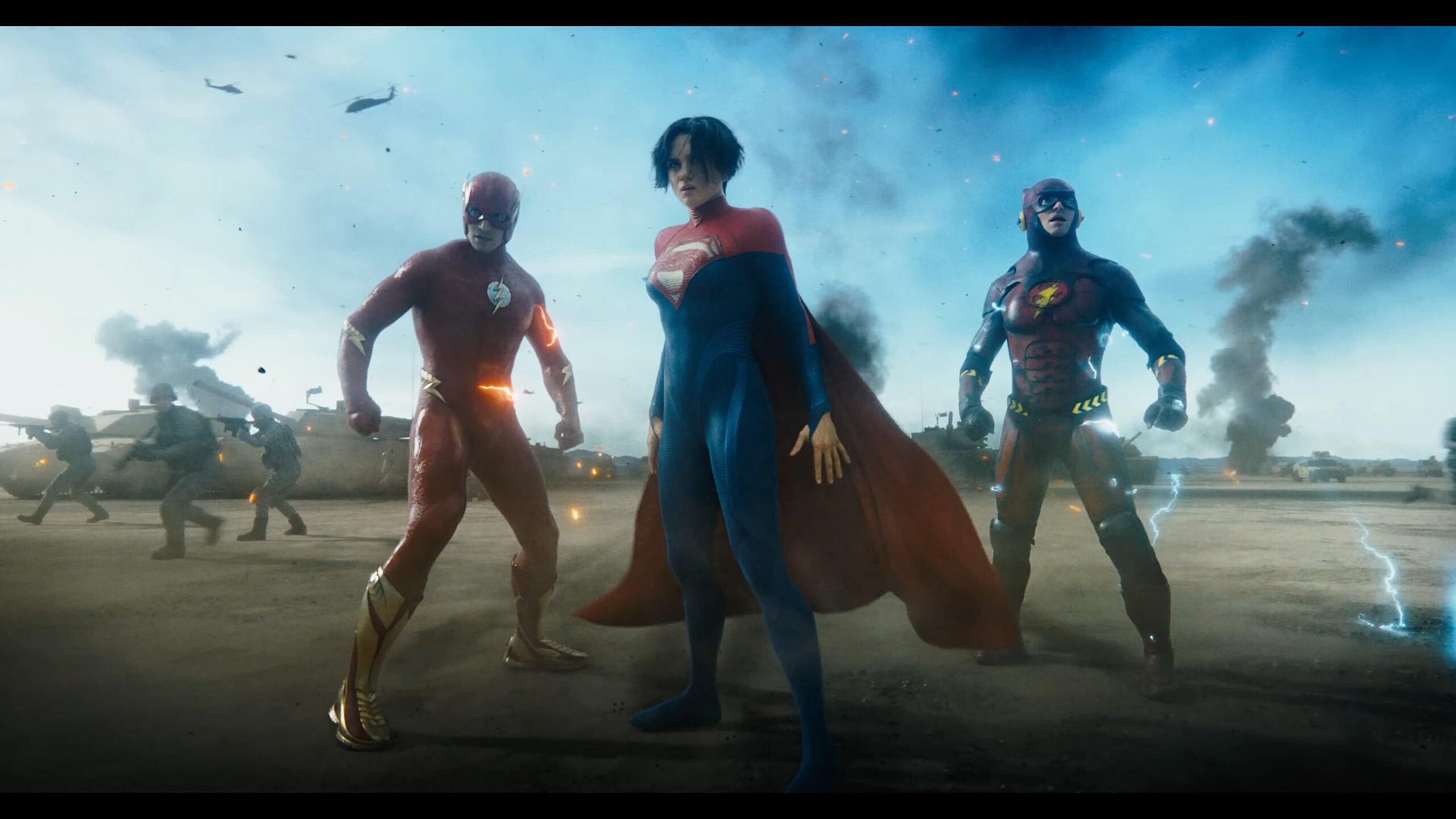 Barry Allen, Supergirl (Sasha Calle), prepare to face Zod (Michael Shannon) in The Flash (2023)