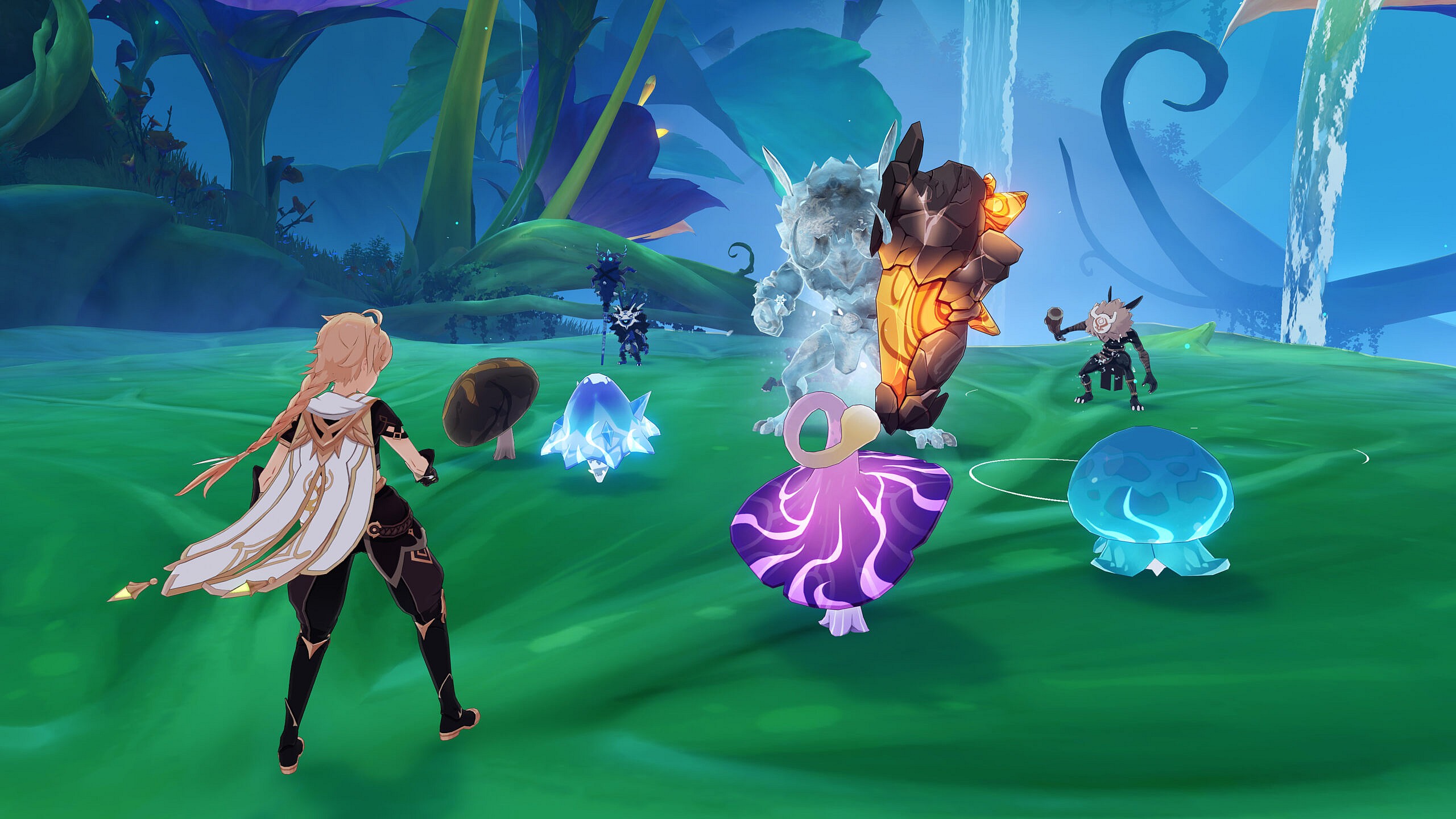 The Traveler battles their foes in the Fabulous Fungus Frenzy event via Genshin Impact (2020), miHoYo