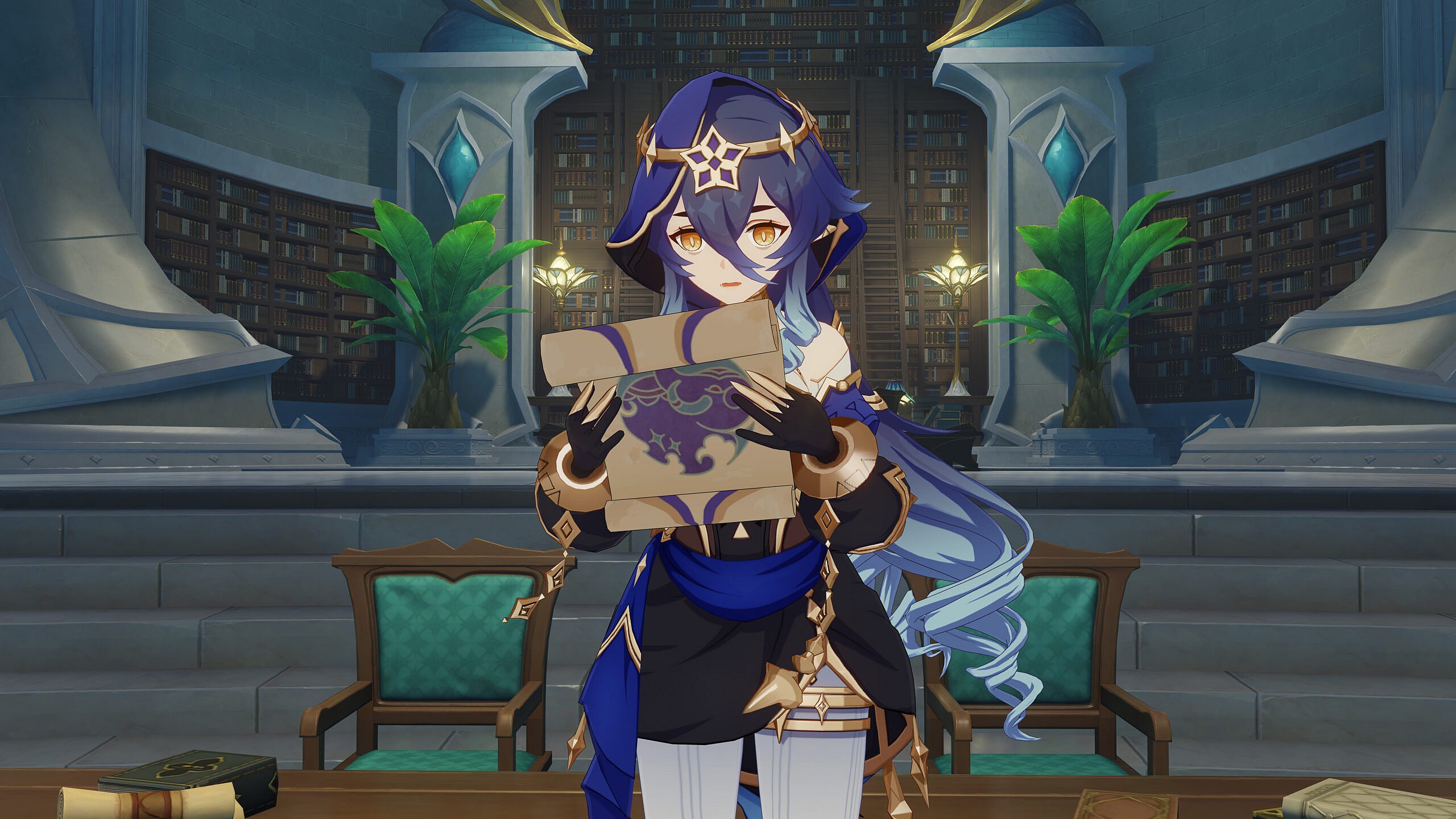Layla reads over a fascinating scroll via Genshin Impact (2020), miHoYo