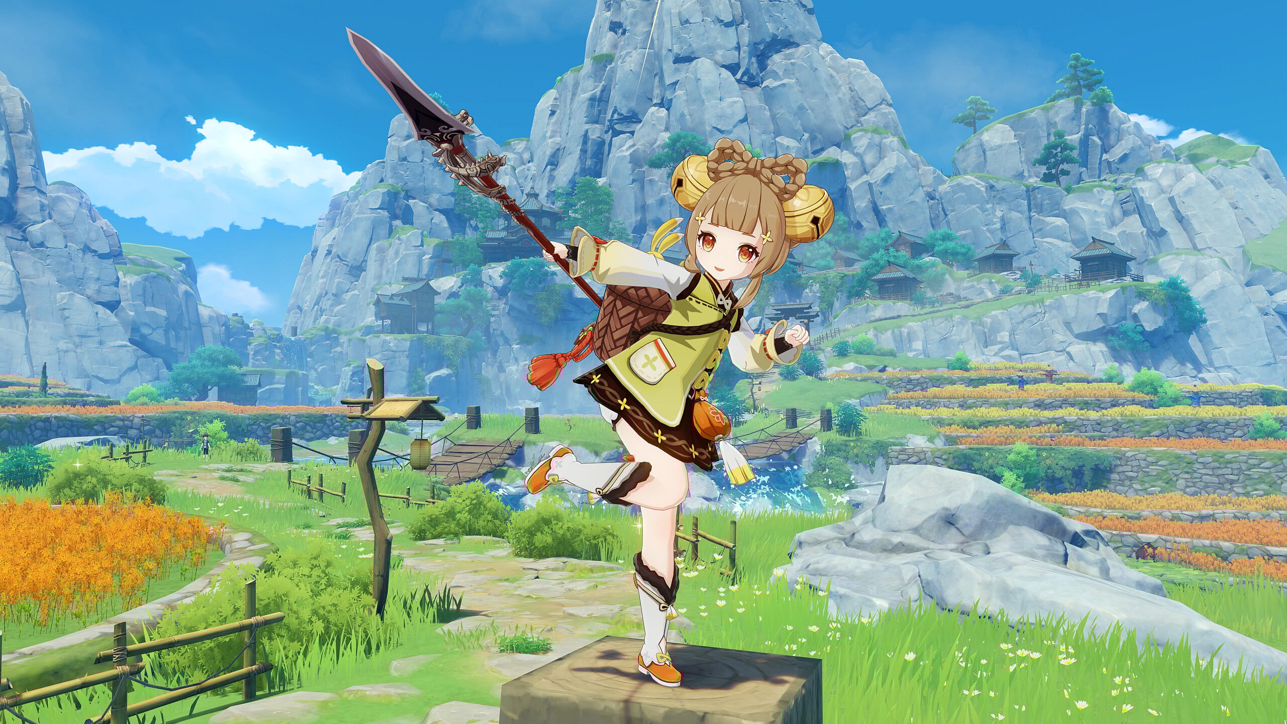 Yaoyao shows off her spear while balancing on a fence-post via Genshin Impact (2020), miHoYo