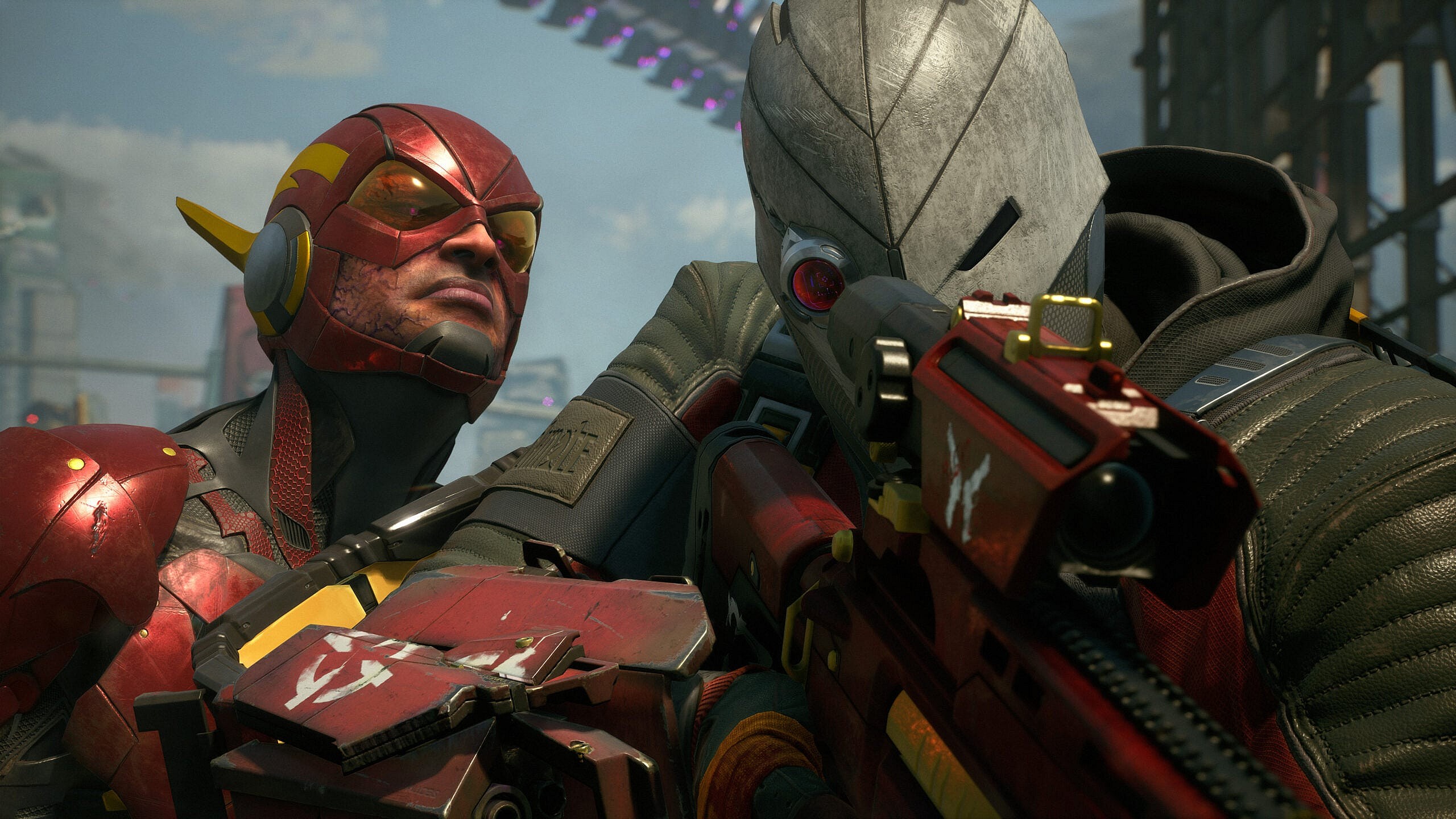 The Flash peers over Deadshot's shoulder, the latter oblivious to his presence via Suicide Squad: Kill the Justice League (2023), Rocksteady Games