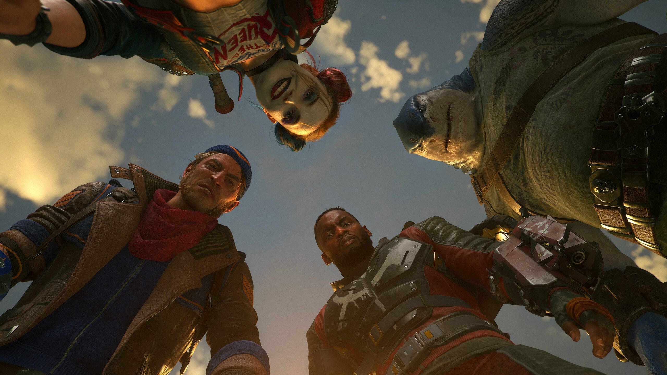 Harley Quinn, King Shark, Deadshot, and Captain Boomerang stare downwards via Suicide Squad: Kill the Justice League (2023), Rocksteady Games