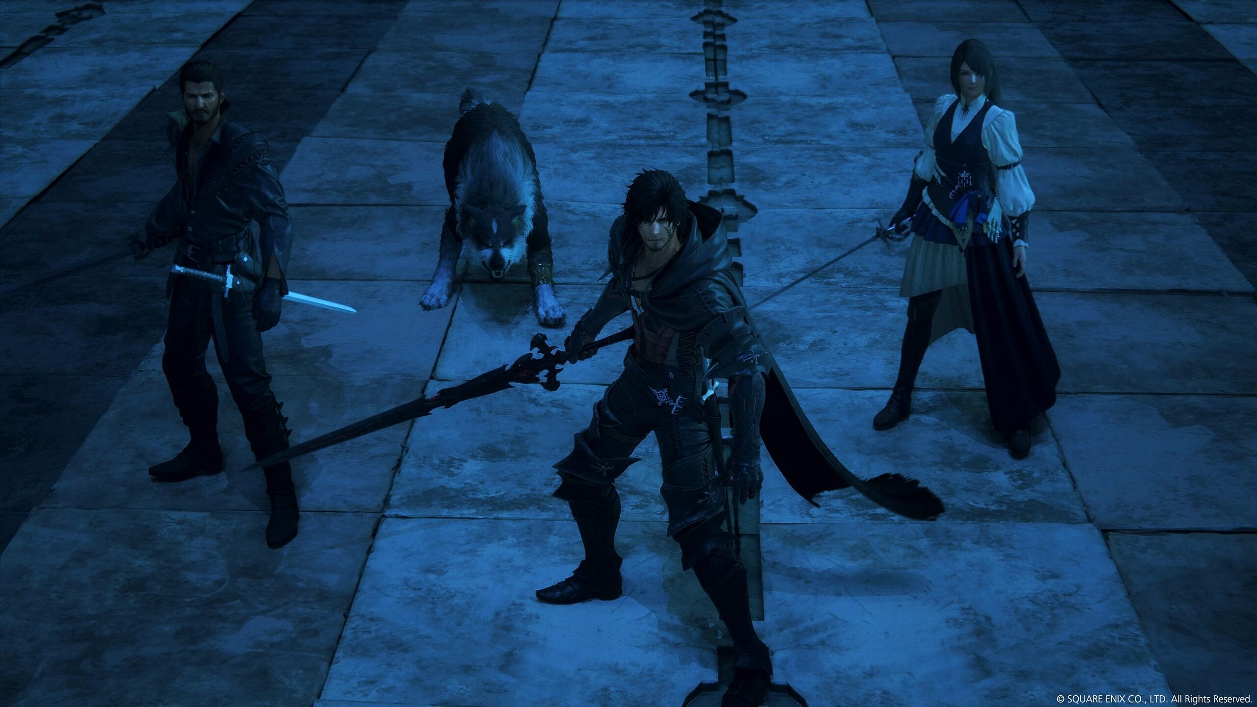 (From left to right) Cidolfus Telamon (Hiroshi Shirokuma), Torgal, Clive Rosfield (Yuma Uchida), and Jill Warrick (Megumi Han) prepare for battle in Final Fantasy XVI (2023), Square Enix