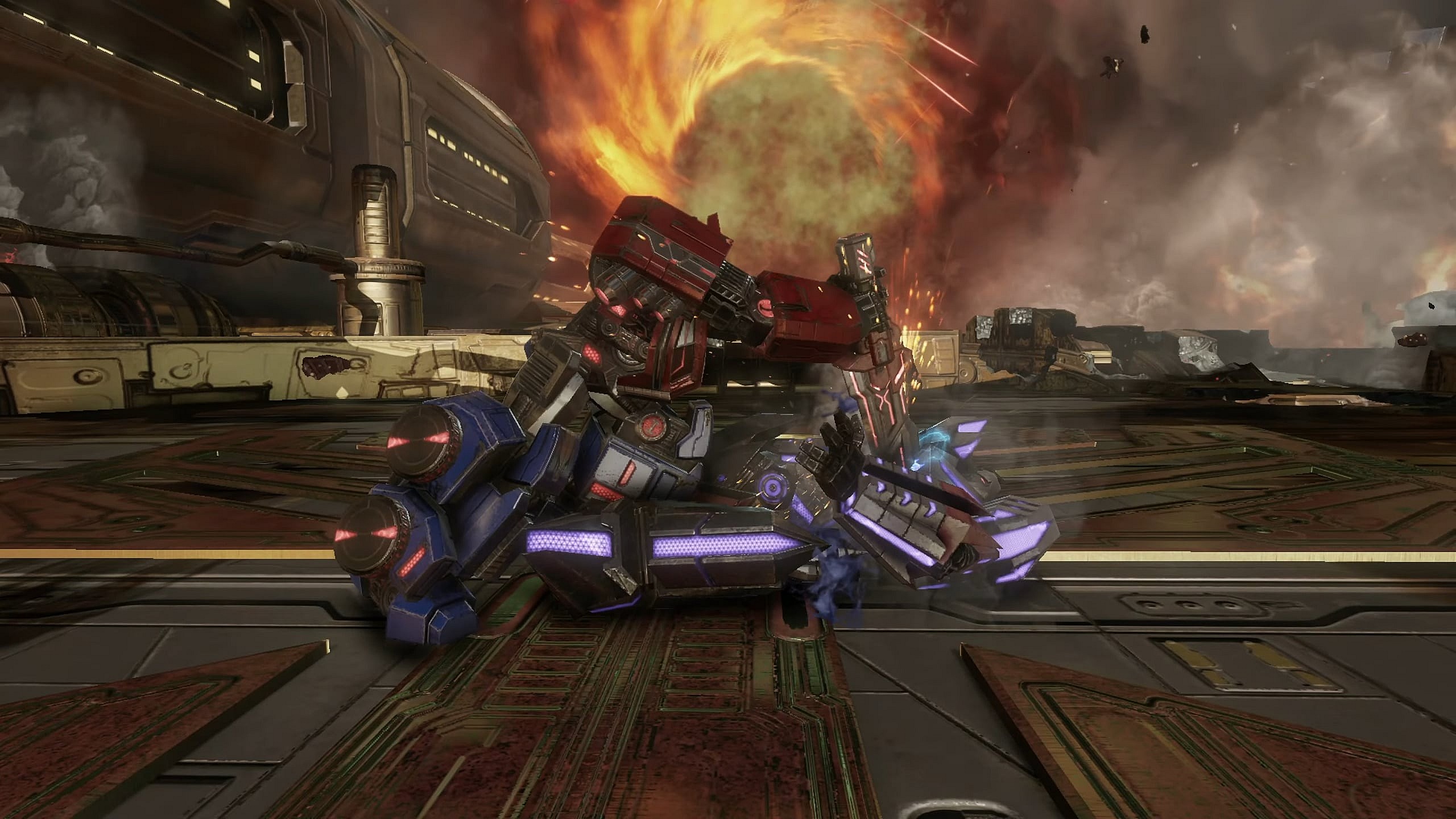 Optimus Prime (Peter Cullen) puts an end to Megatron (Fred Tatasciore) in Transformers: Fall of Cybertron (2012), Activision