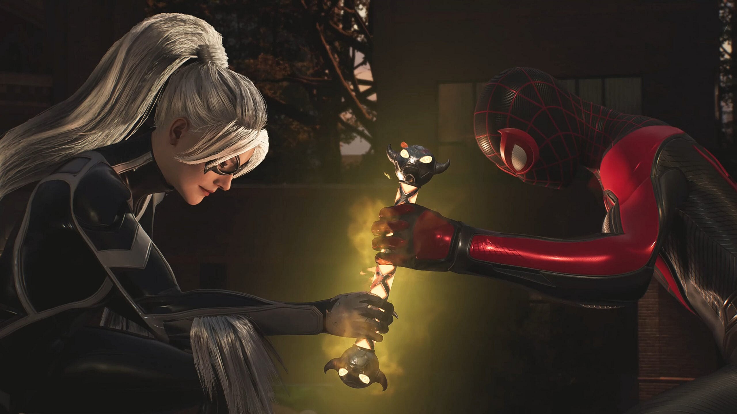 Black Cat (Eric Lindbeck) and Miles Morales (Nadji Jeter) share thoughts of Paris in Marvel's Spider-Man 2 (2023), Insomniac Games