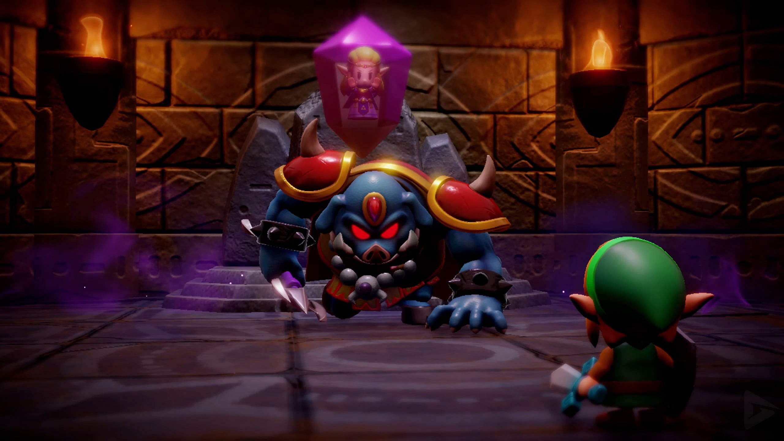 Link (Mitsuki Saiga) fells Ganon (N/A) before rescuing Princess Zelda (Chiyuki Miura) in The Legend of Zelda: Echoes of Wisdom (2024), Nintendo