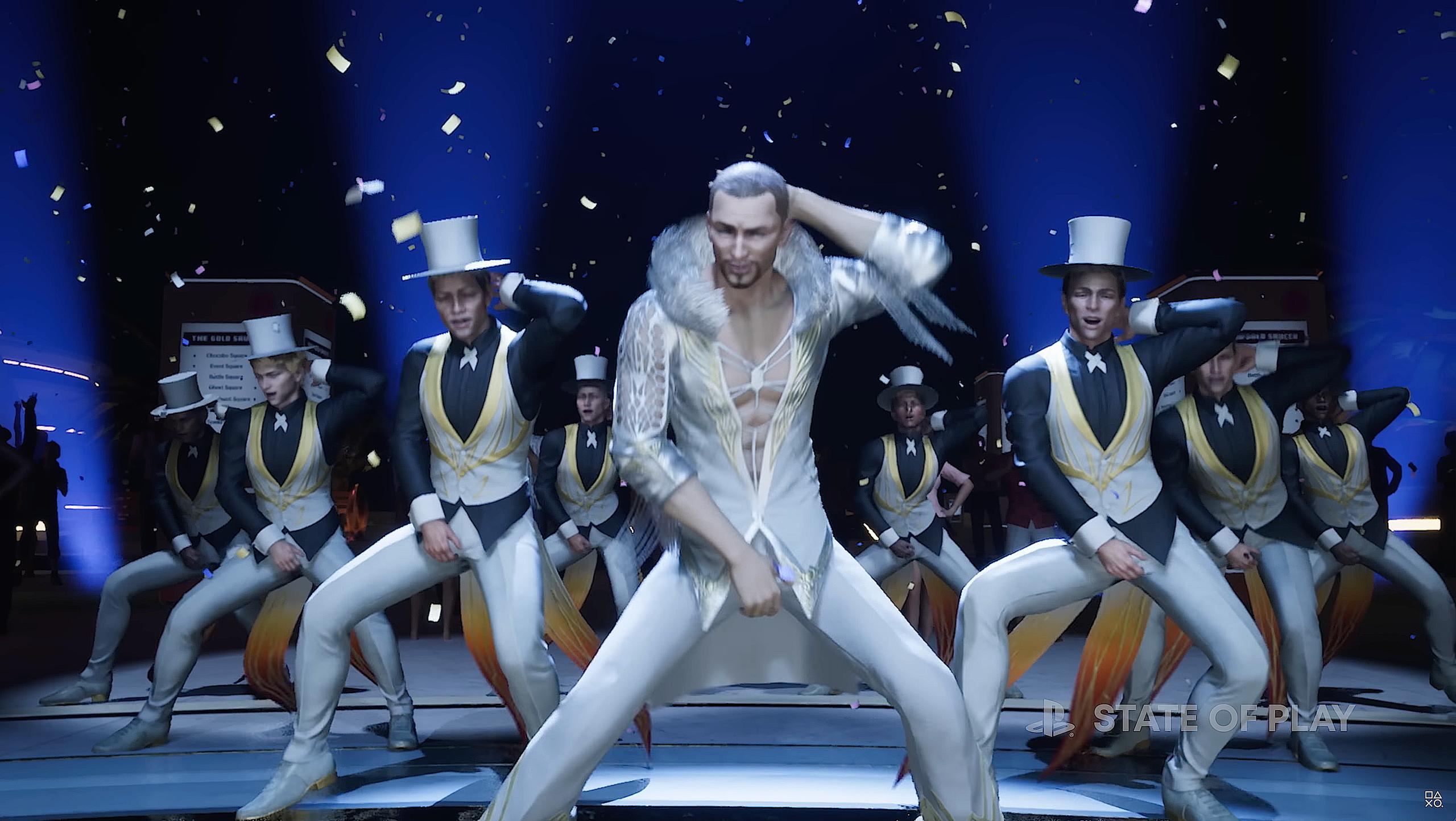 Andrea Rhodea (Trevor Devall) provocatively dances with his backers in Final Fantasy VII Rebirth (2024), Square Enix