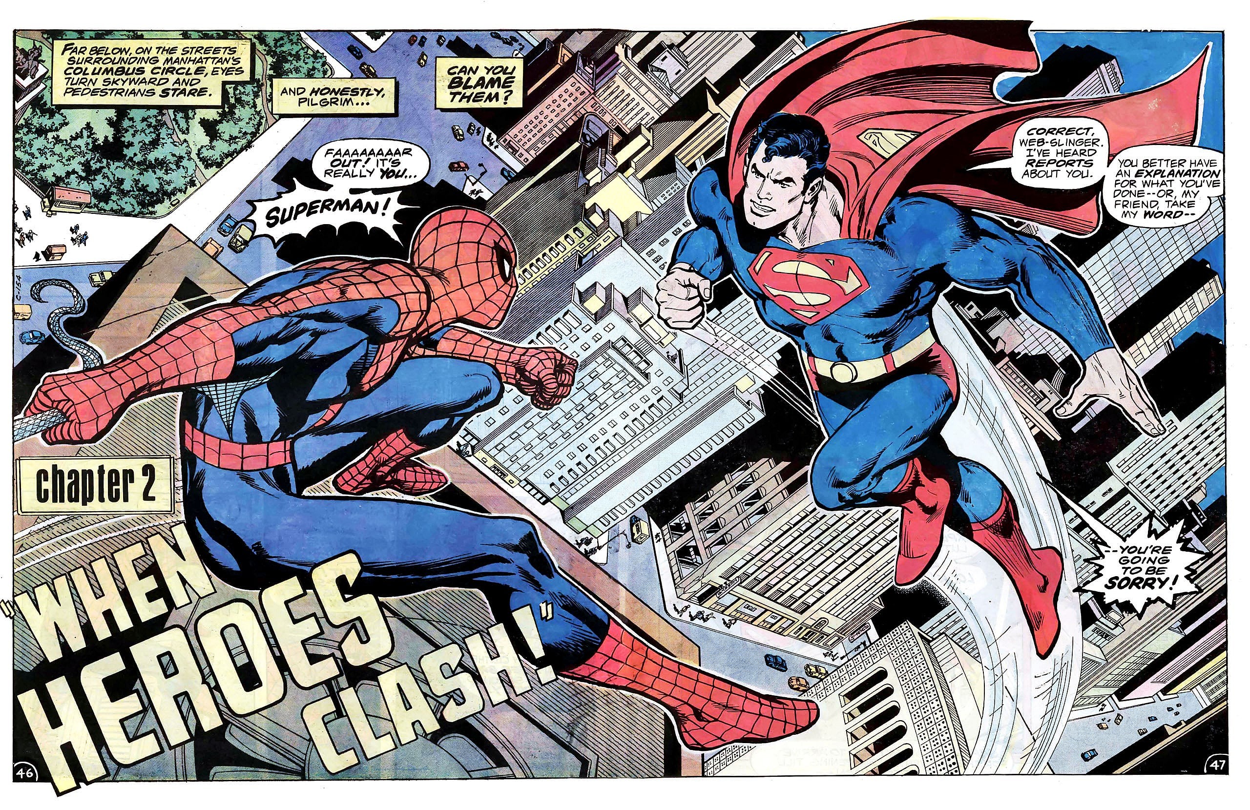 The Friendly Neighborhood Web-Slinger comes face-to-face with The Man of Steel in Superman vs. The Amazing Spider-Man: The Battle of the Century (1976), DC/Marvel Comics. Words by Gerry Conway, art by Ross Andru, Neal Adams, John Romita Sr., Dick Giordano, Terry Auistin, Bob Wiacek, Jerry Serpe, and Gaspar Saladino.