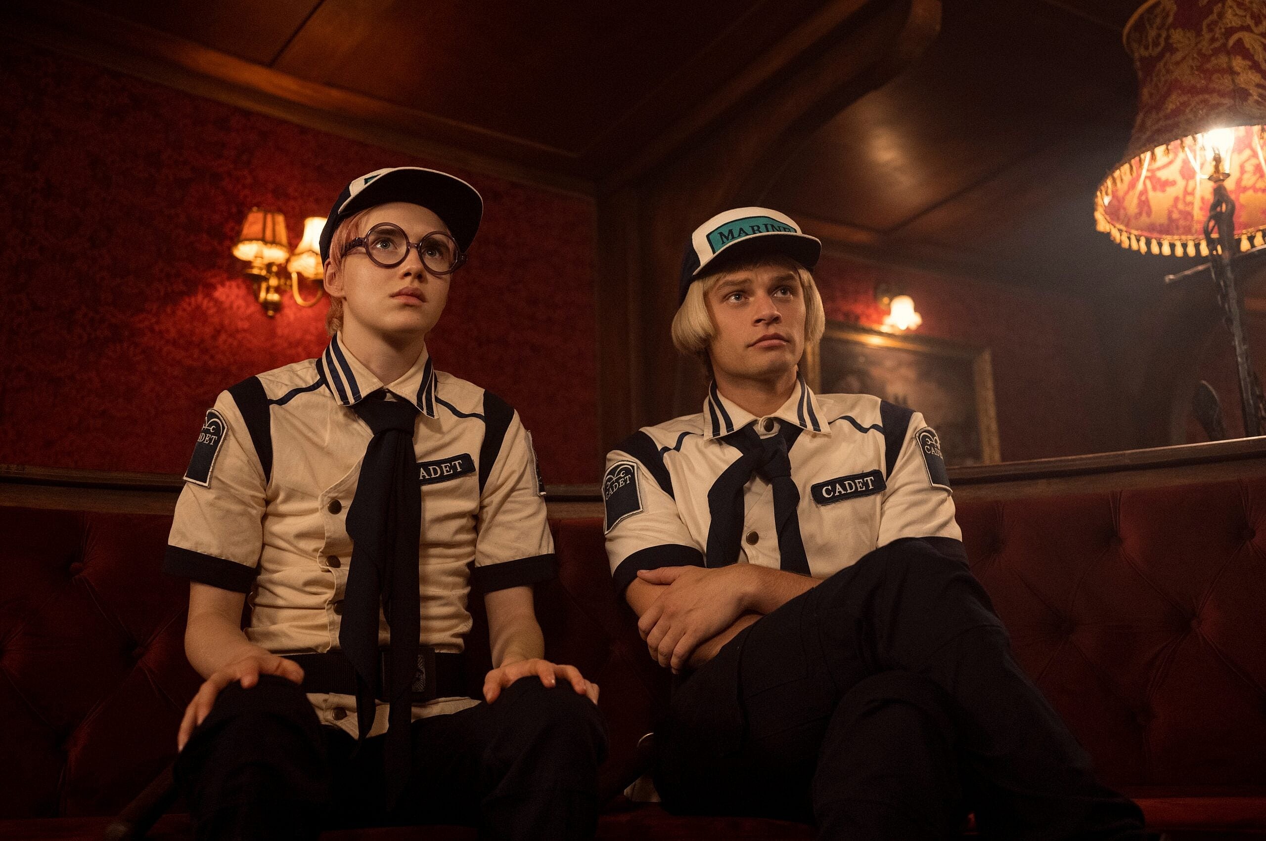 One Piece. (L to R) Morgan Davies as Koby, Aidan Scott as Helmeppo in season 1 of One Piece. Cr. Raquel Fernandes/Netflix © 2023