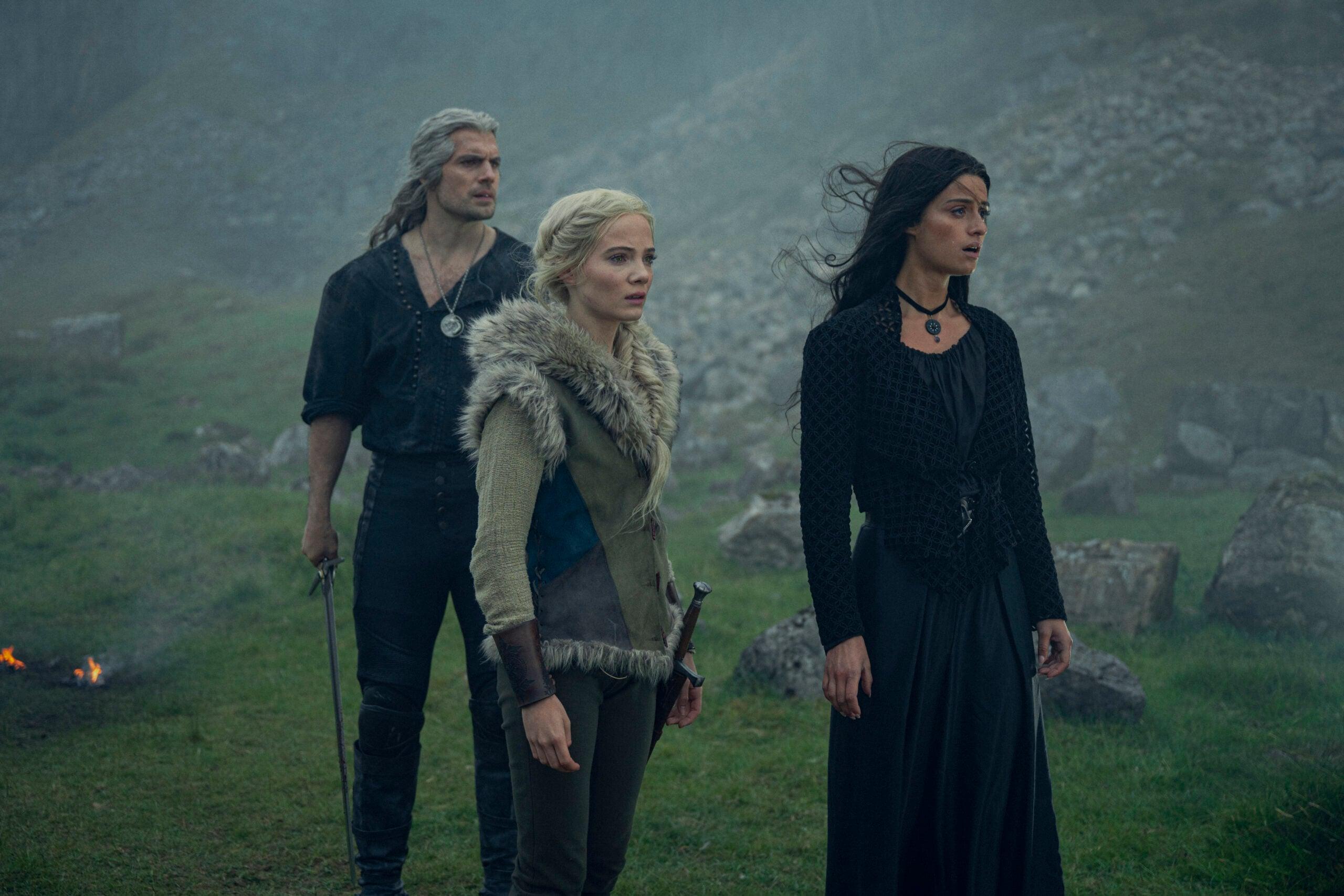 Geralt (Henry Cavill), Ciri (Freya Allan), and Yennefer (Anya Chalotra) settle on their next destination in The Witcher Season 3 Episode 1 "Shaerrawedd" (2023), Netflix