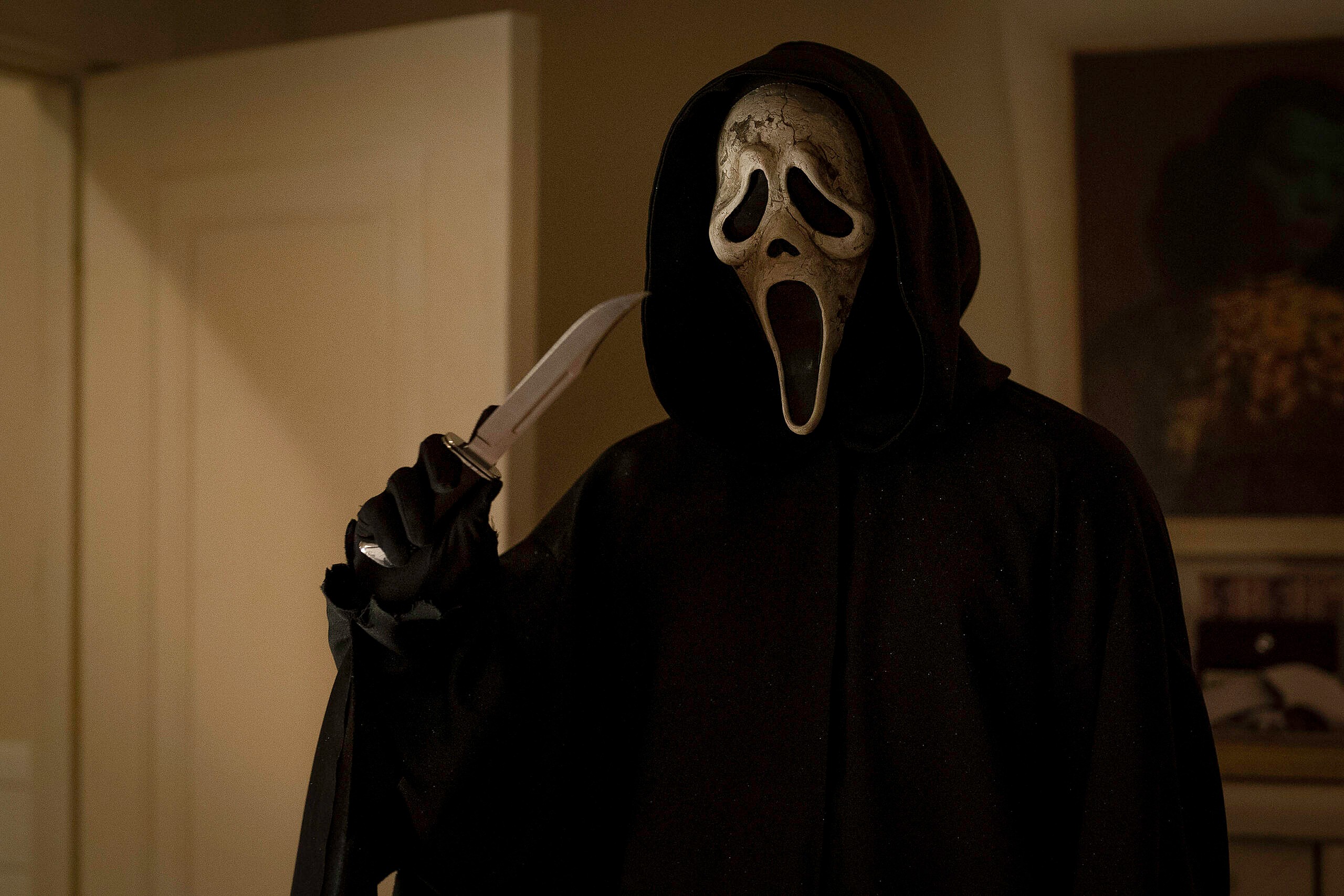 Ghostface in Paramount Pictures and Spyglass Media Group's "Scream VI." © 2022 Paramount Pictures. Ghost Face is a Registered Trademark of Fun World Div., Easter Unlimited, Inc. ©1999. All Rights Reserved.”. Ghost Face is a Registered Trademark of Fun World Div., Easter Unlimited, Inc. ©1999. All Rights Reserved.”