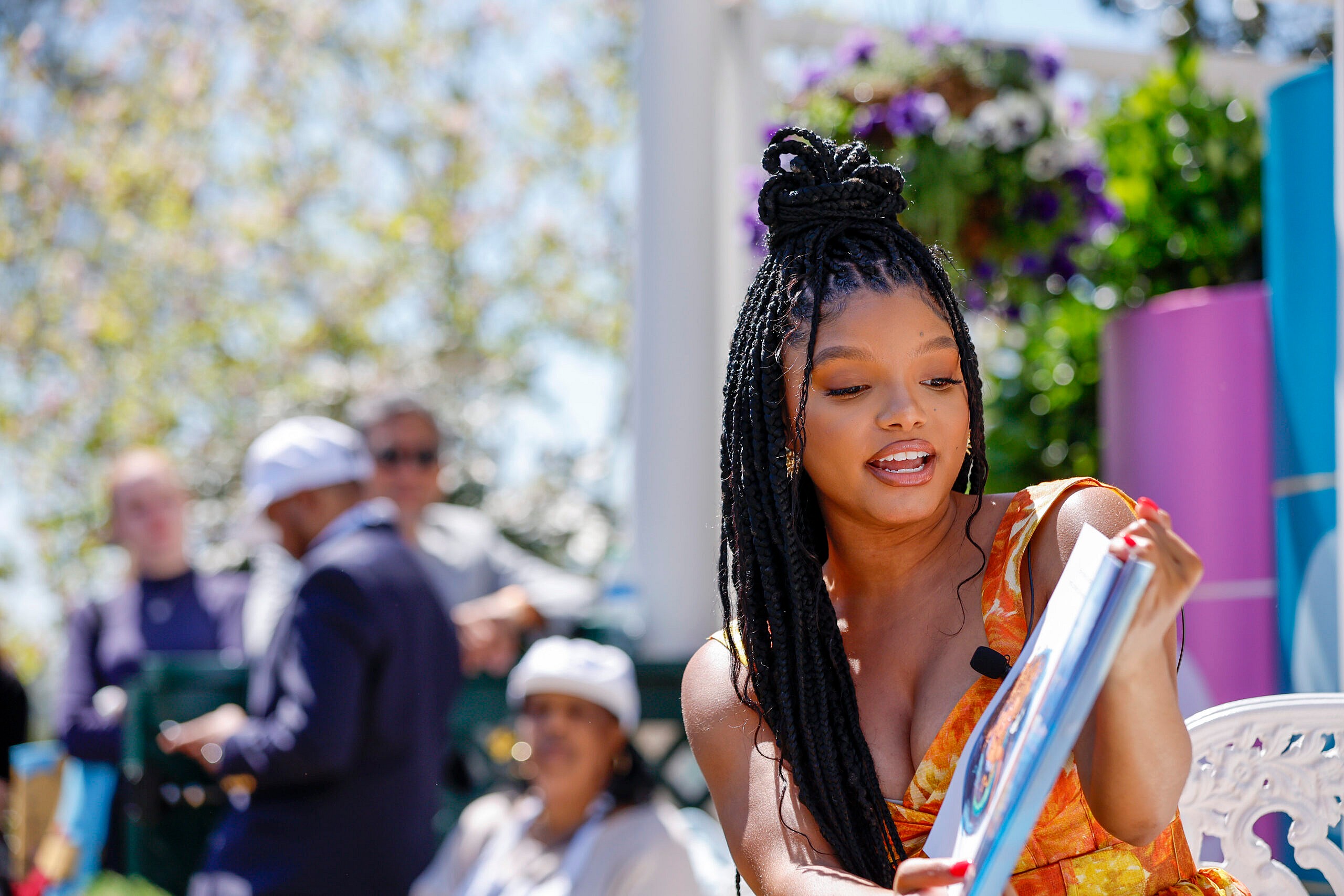 WASHINGTON, DC - APRIL 10: The Little Mermaid's Halle Bailey reads The Little Mermaid: Make a Splash in the Reading Nook during The White House Easter Egg Roll on April 10, 2023 in Washington, DC. (Photo by Tasos Katopodis/Getty Images for Disney)