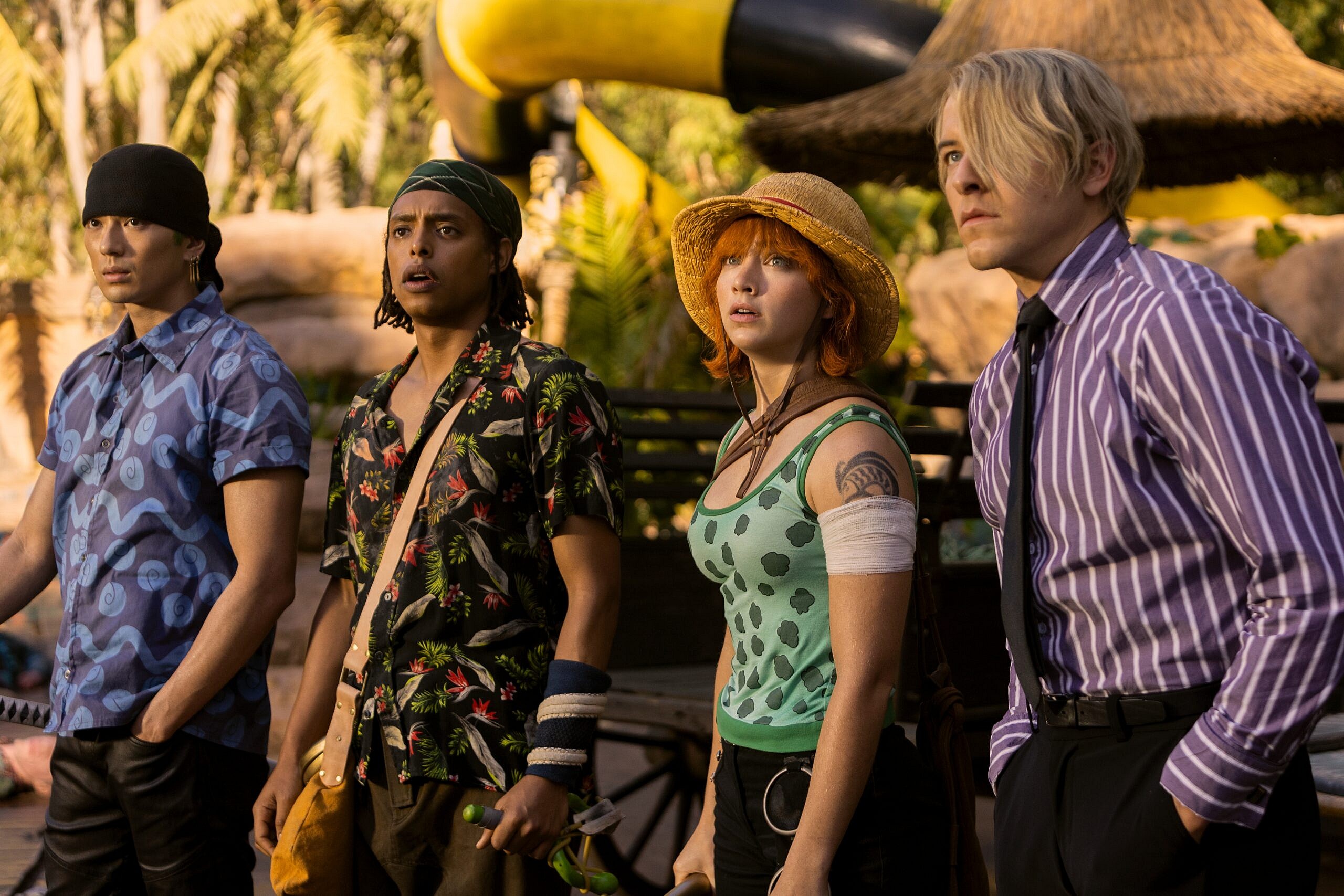 One Piece. (L to R) Mackenyu Arata as Roronoa Zoro, Jacob Romero Gibson as Usopp, Emily Rudd as Nami, Taz Skylar as Sanji in season 1 of One Piece. Cr. Casey Crafford/Netflix © 2023