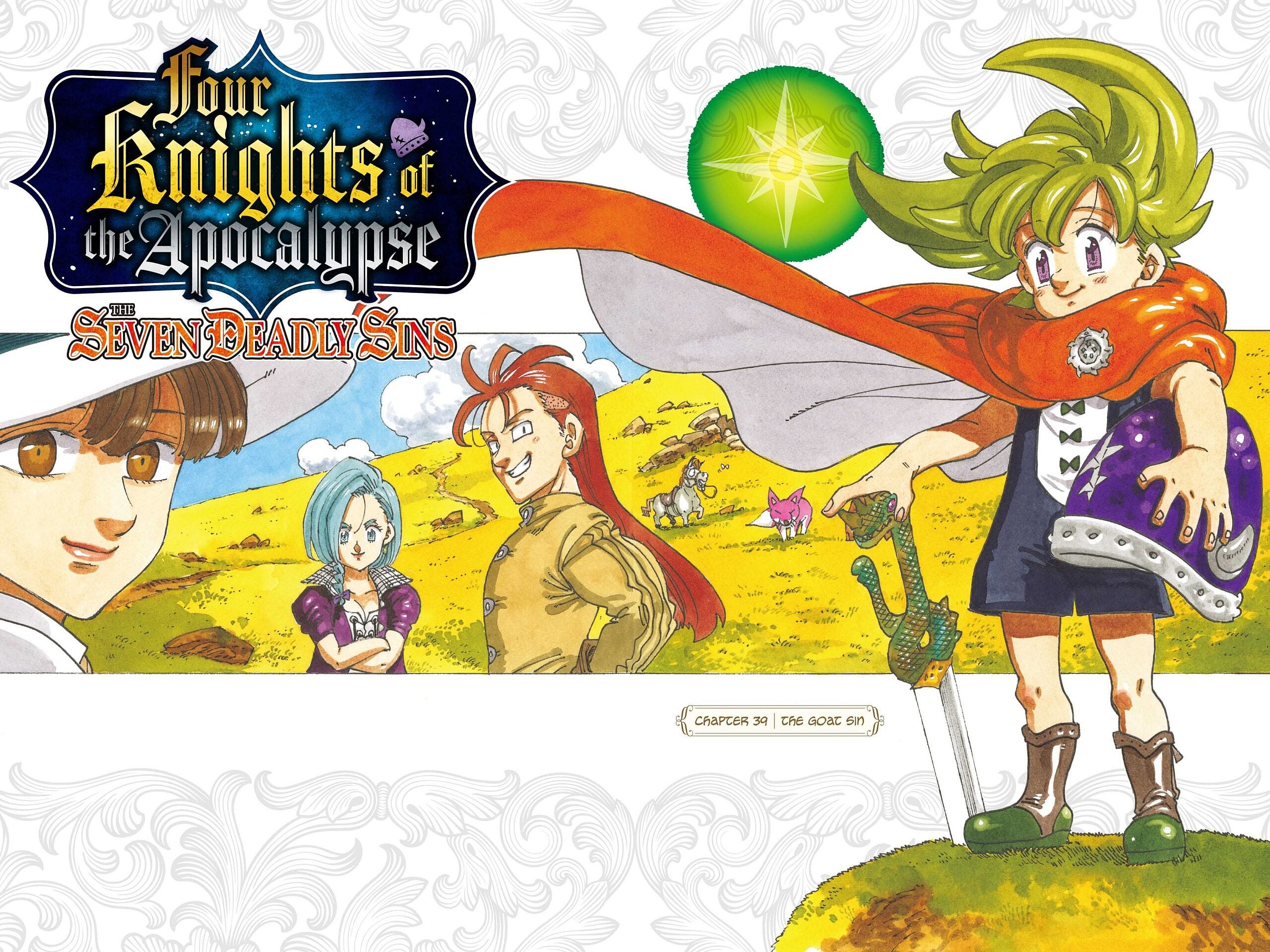 (L-R) Naisens, Anghalhad, Donny, Lancelot, and Percival on the cover page to Four Knights of The Apocalypse Ch. 39 "The Goat Sin" (2021), Kodansha