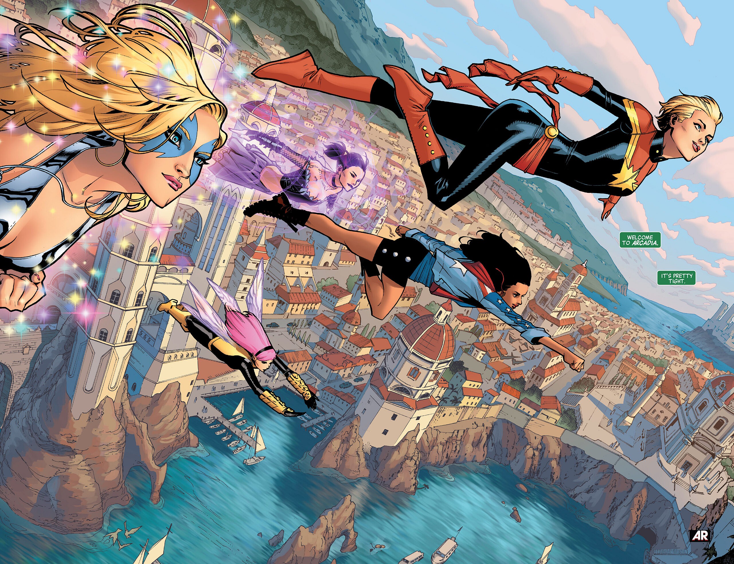 The members of A-Force take to the sky above the Battleworld of Arcadia in A-Force Vol. 1 #1 (2014), Marvel Comics