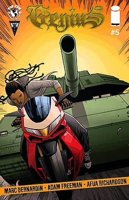 Spawn #5 comic book cover featuring character on motorcycle with tank in background