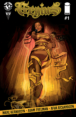 Requiem comic book cover #1 featuring a woman wrapped in caution tape against wooden background