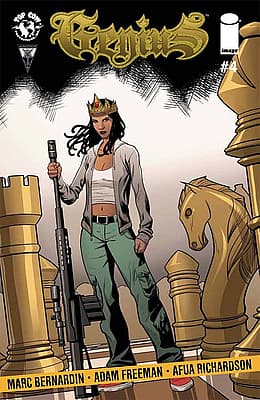 Regalia comic book cover featuring a woman with crown holding rifle among chess pieces