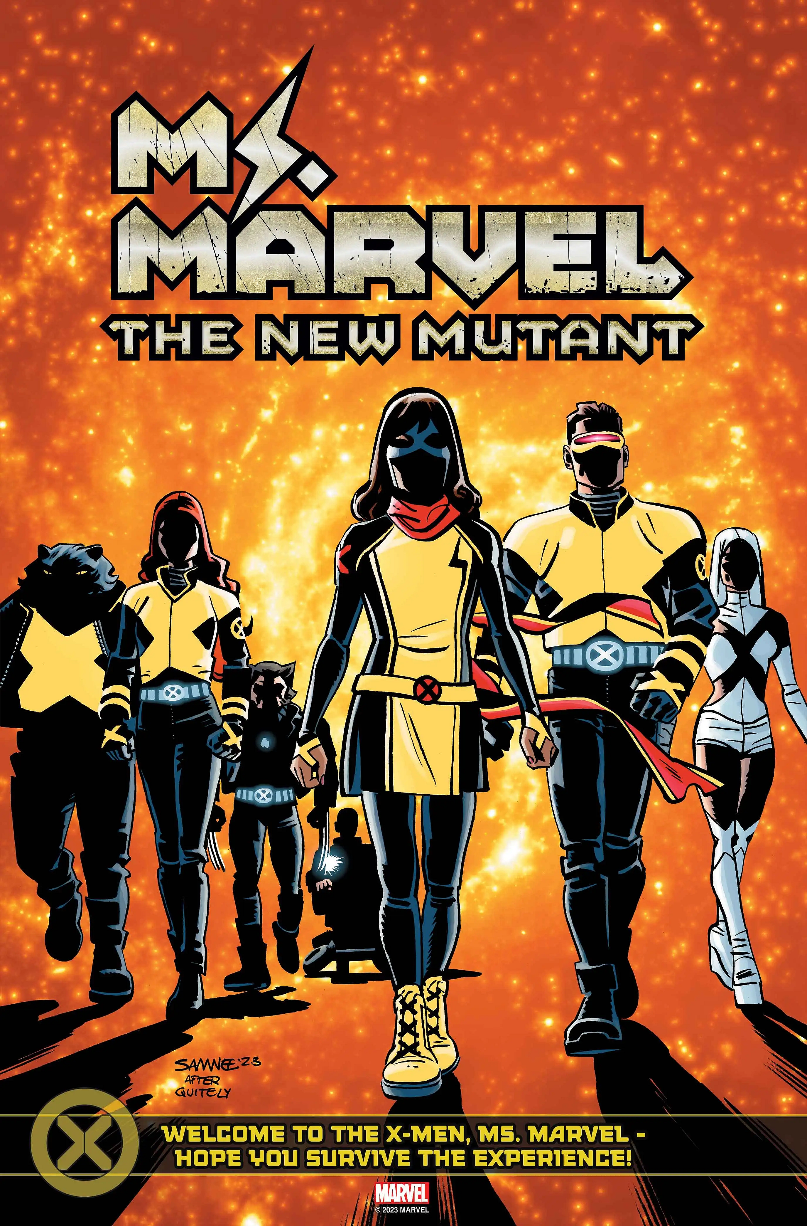 Ms. Marvel struts alongside the X-Men on Chris Samnee's variant cover to Ms. Marvel: The First