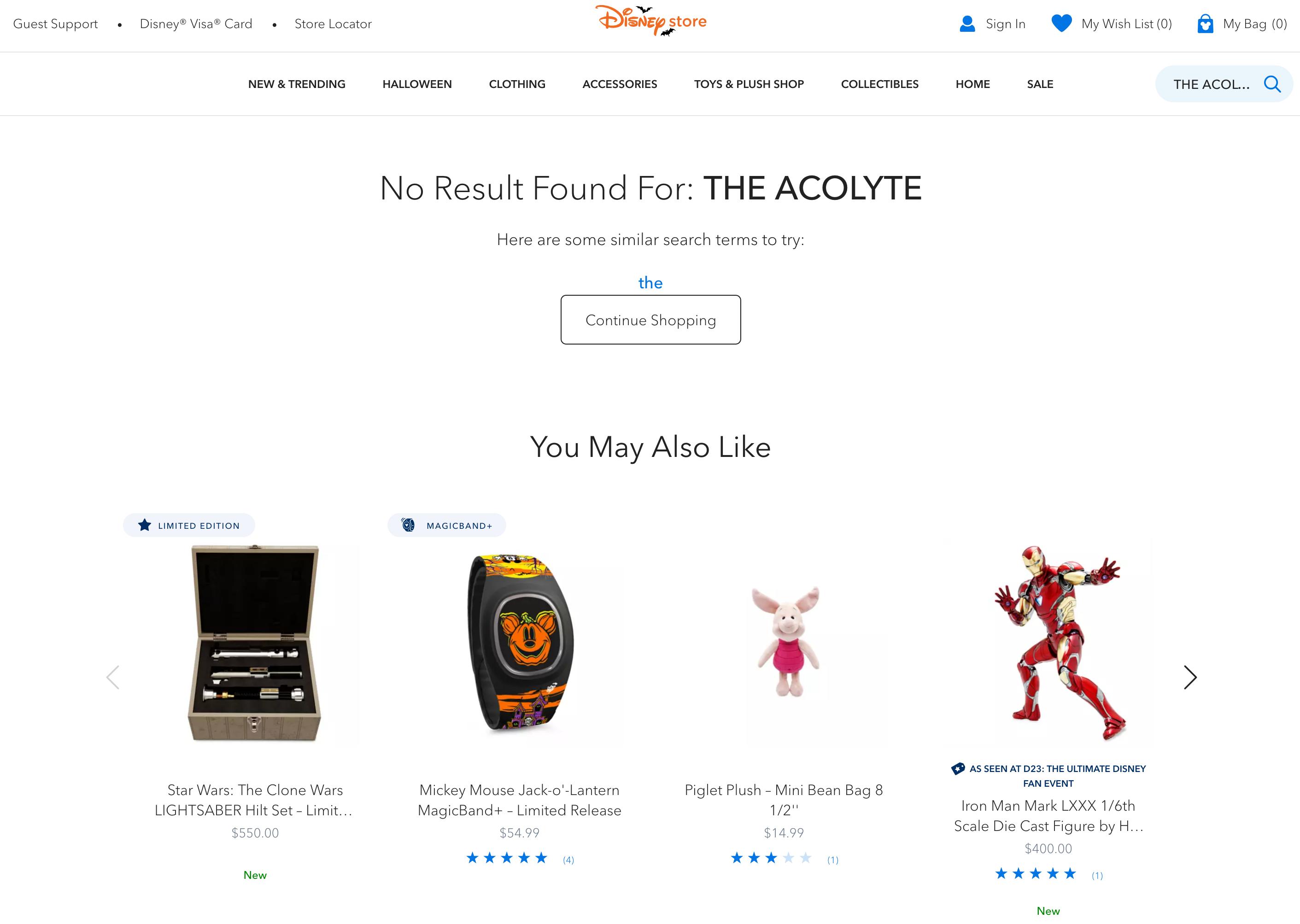 A search of 'The Acolyte' on the Disney Store now returns zero results.