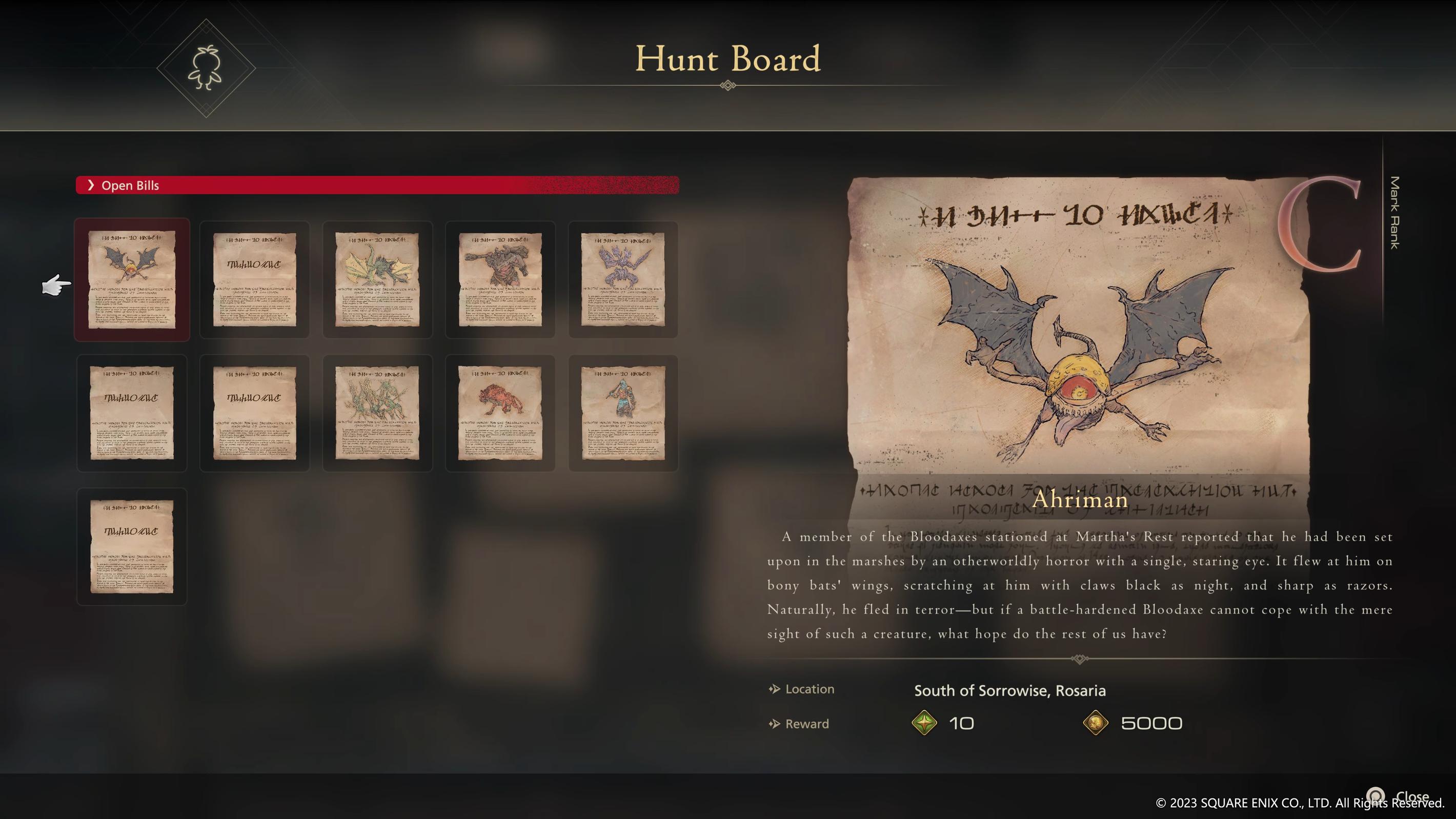 The C-Rank Elite Mark Ahriman is displayed on the Hunt Board via Final Fantasy XVI (2023), Square Enix
