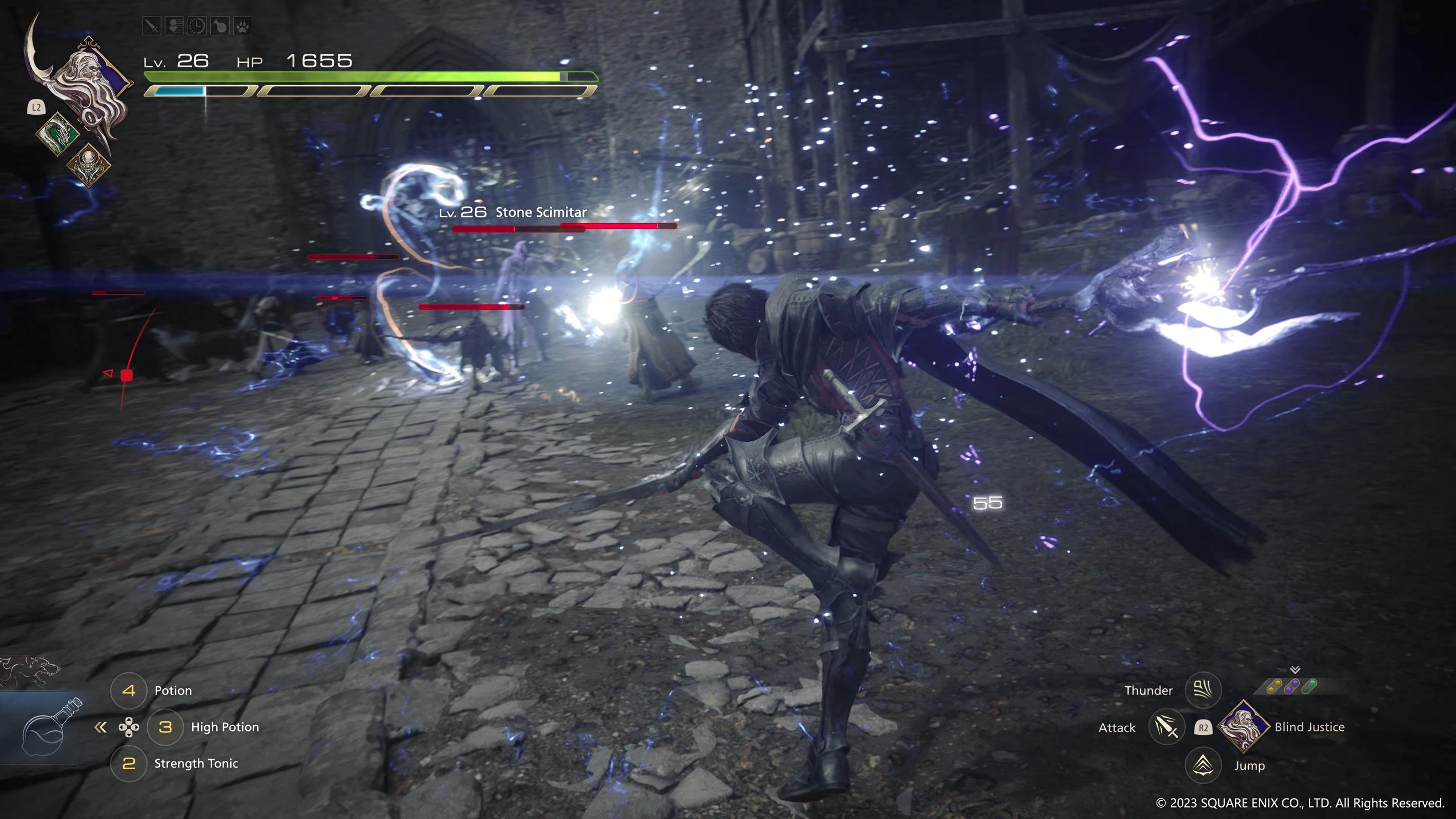 Clive Rosfield (Yuma Uchida) channels the powers of Ramuh to strike down Stone Scimitars with lightning via Final Fantasy XVI (2023), Square Enix