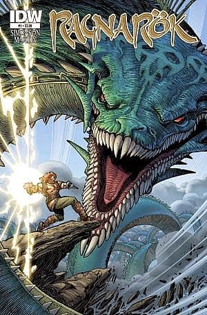 Ragnarok comic book cover featuring armored warrior confronting giant blue dragon