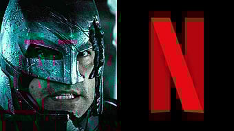 Batman (Ben Affleck) has Superman (Henry Cavill) on the ropes in Batman v Superman: Dawn of Justice: Ultimate Edition (2016), Warner Bros. Pictures: Netflix Logo