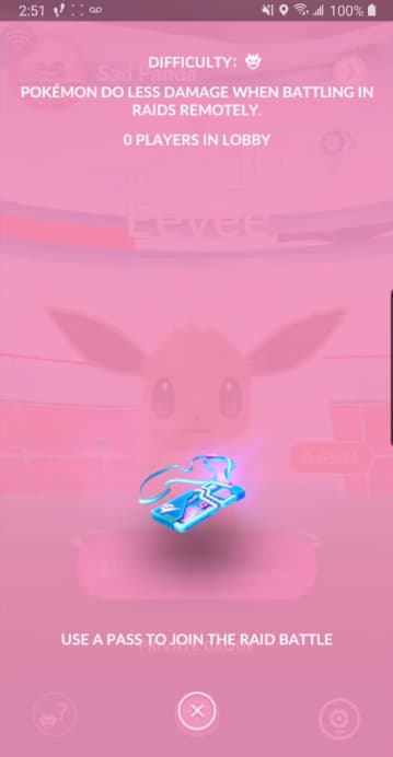 A player uses a Remote Raid Pass to battle against an Eevee in Pokémon Go (2016), Niantic