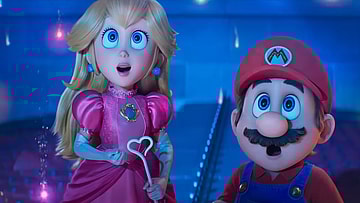 Peach (Anya Taylor-Joy) and Mario (Chris Pratt) state in amazement at a landing spaceship in The Super Mario Galaxy Movie (2026), Universal Pictures