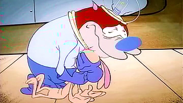 Stimpy cradles Ren (both Billy West) after he succumbs to Space Madness in The Ren & Stimpy Show Season 1 Episode 5 