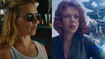 Zora Bennet (Scarlett Johansson) recruiting Duncan Kincaid (Mahershala Ali) in Jurassic World Rebirth, 2025, Universal Pictures: Black Widow (Scarlett Johansson) prepares to disable the Chitarui's portal generator in The Avengers (2012), Marvel Entertainment via Blu-ray