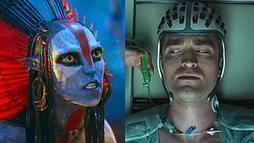 Varang (Oona Chaplin_ attempts to manipulate Spider (Jack Champion) to fight for the Mangkwan in Avatar: Fire and Ash (2025), 20th Century Studios: Mickey (Robert Pattinson) wears his special helmet for his shots in Mickey 17 (2025), Warner Bros. Pictures