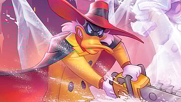 Darkwing Duck's evil shadow takes a chainsaw to his icy surroundings via Negaduck, Evil Doppelganger (Card #115), Disney Lorcana - Winterspell (2025), Ravensburger. Art by Julian del Rey.