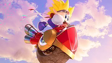 Knuckle Joe (N/A) shoots through the air atop a Wheelie Bike in Kirby Air Riders (2025), Nintendo