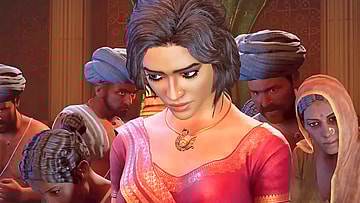 Farrah (Joanna Wasick) is forbidden from warning the Prince (Yuri Lowenthal) about the Vizir's (Barry Dennen) plans in The Prince of Persia: The Sands of Time Remake (Cancelled), Ubisoft