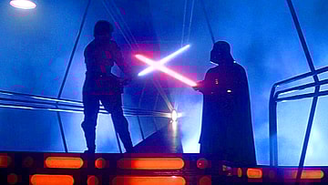 Luke Skywalker (Mark Hamill) engages in his first duel with Darth Vader (David Prowse/James Earl Jones) in Star Wars: Episode V - The Empire Strikes Back (1980), Lucasfilm