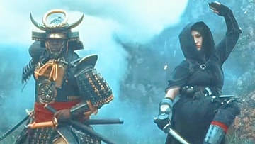 Yasuke (Ruan “JogaZulu” Silva) and Naoe (Thais Matsufugi) fight for justice in the live-action tokusatsu commercial for Assassin's Creed Shadows (2025), Ubisoft