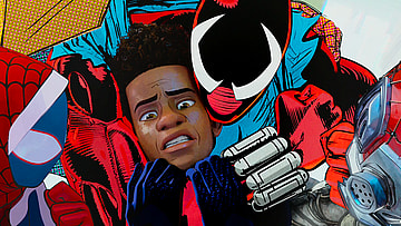 Ben Reilly (Andy Samberg) tries to stop Miles Morales (Shamiek Moore) from returning to his home Earth in Spider-Man: Across The Spider-Verse (2023), Sony Animation