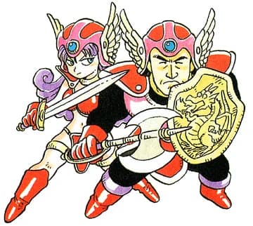 The female and male warriors prepare for battle in Dragon Quest III (1988), Enix. Art by Akira Toriyama.