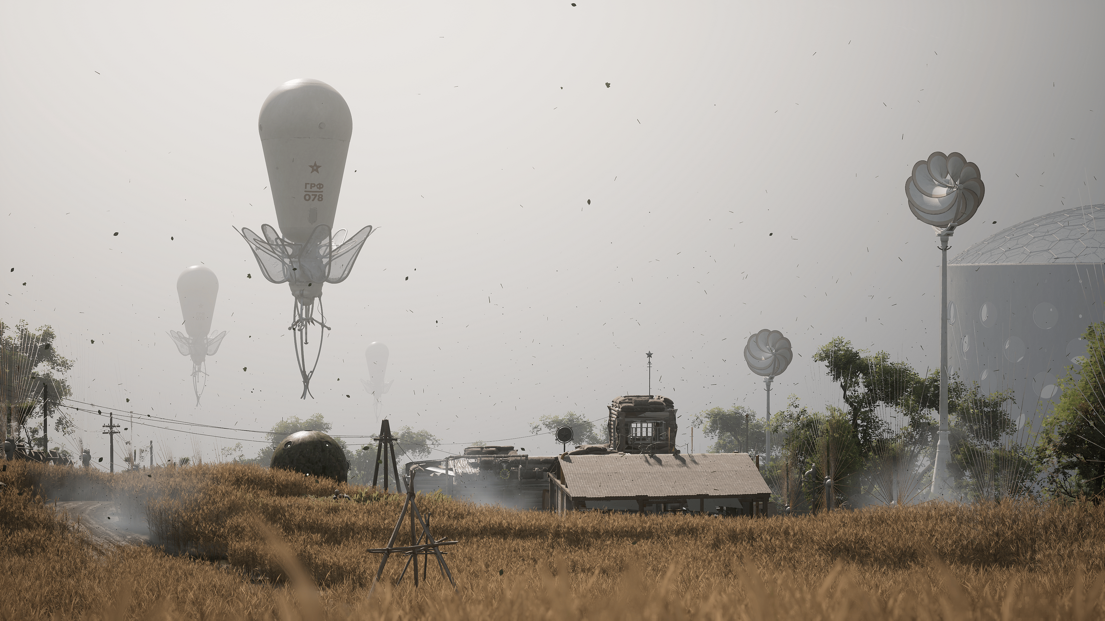 Machines maintain a field as a thick fog rolls in via Atomic Heart (2023), Focus Entertainment