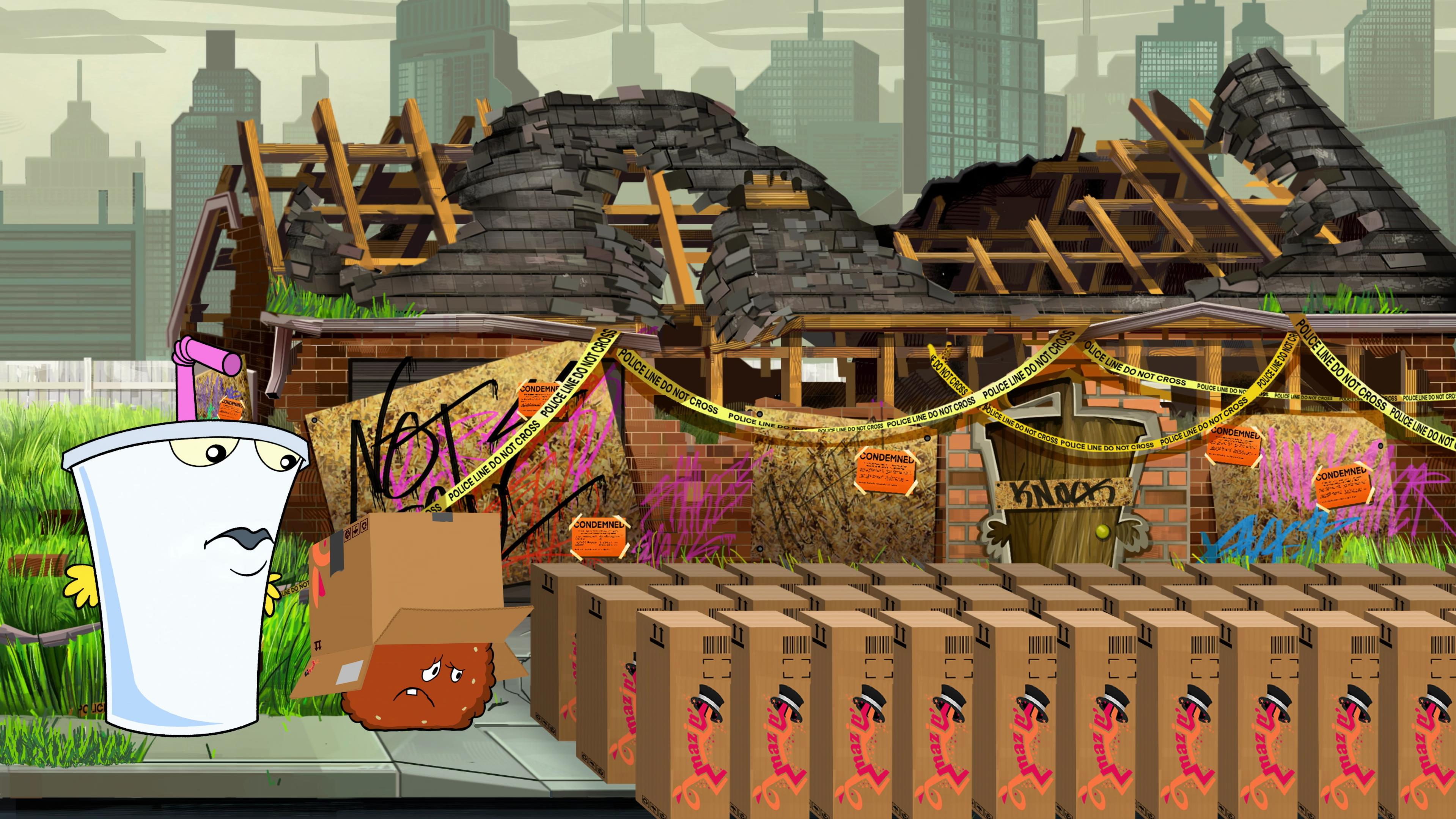 Master Shake (Dana Snyder) and Meatwad (Dave Willis) get a delivery from Amazin in Aqua Teen Forever: Plantasm (2022) Williams Street via Blu-ray