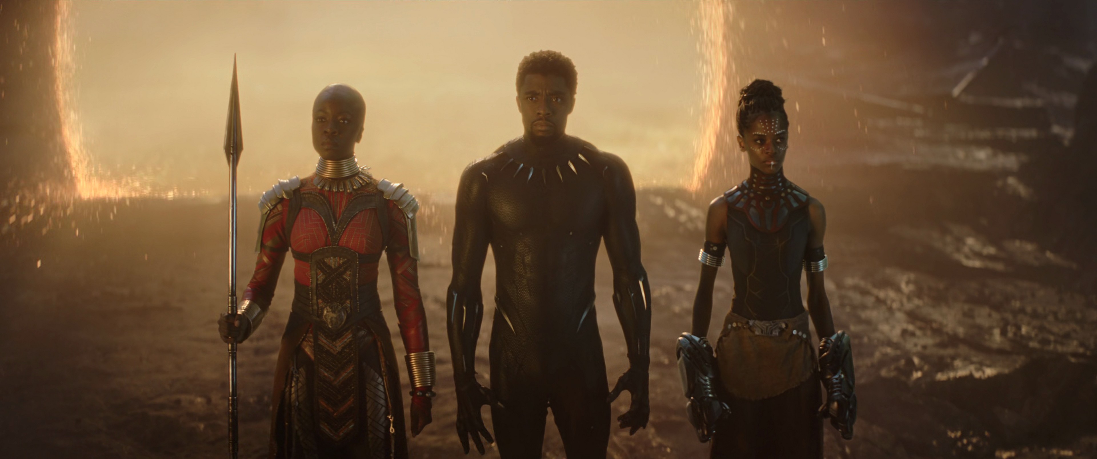 Black Panther (Chadwick Boseman), Shuri (Letita Wright) and Okoye (Danai Guerra) arrive to the final battle in Avengers: Endgame (2019)
