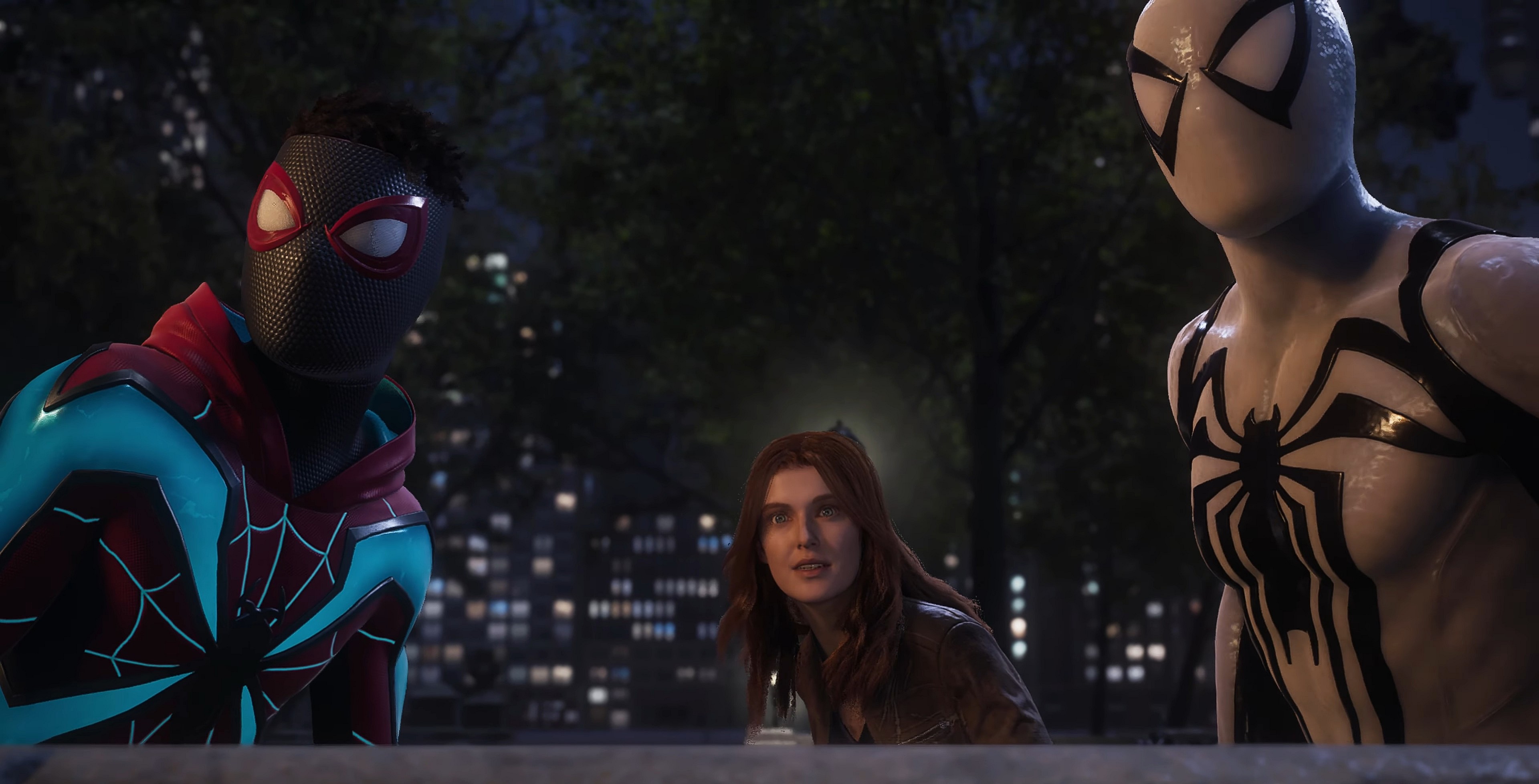 Miles (Nadji Jeter), MJ (Laura Bailey), and Peter prepare to stop the Symbiote invasion in Marvel's Spider-Man 2 (2023), Insomniac Games