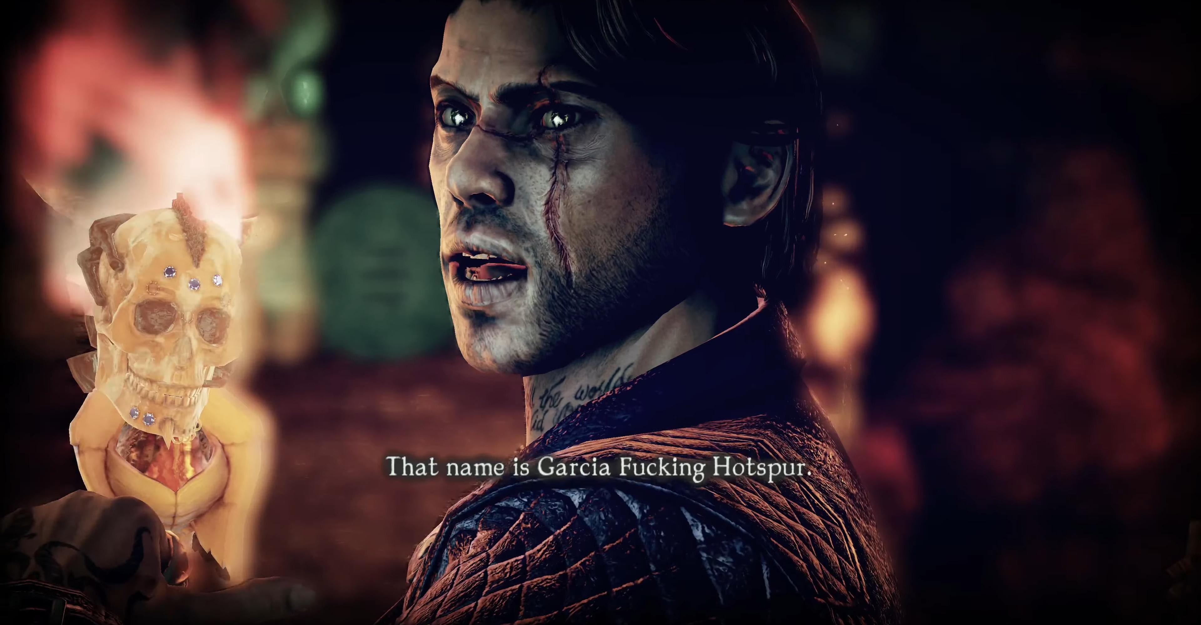 Garcia Hotspur (Steve Blum) lets the world know his name in Shadows of the Damned (2011), Grasshopper Manufacture