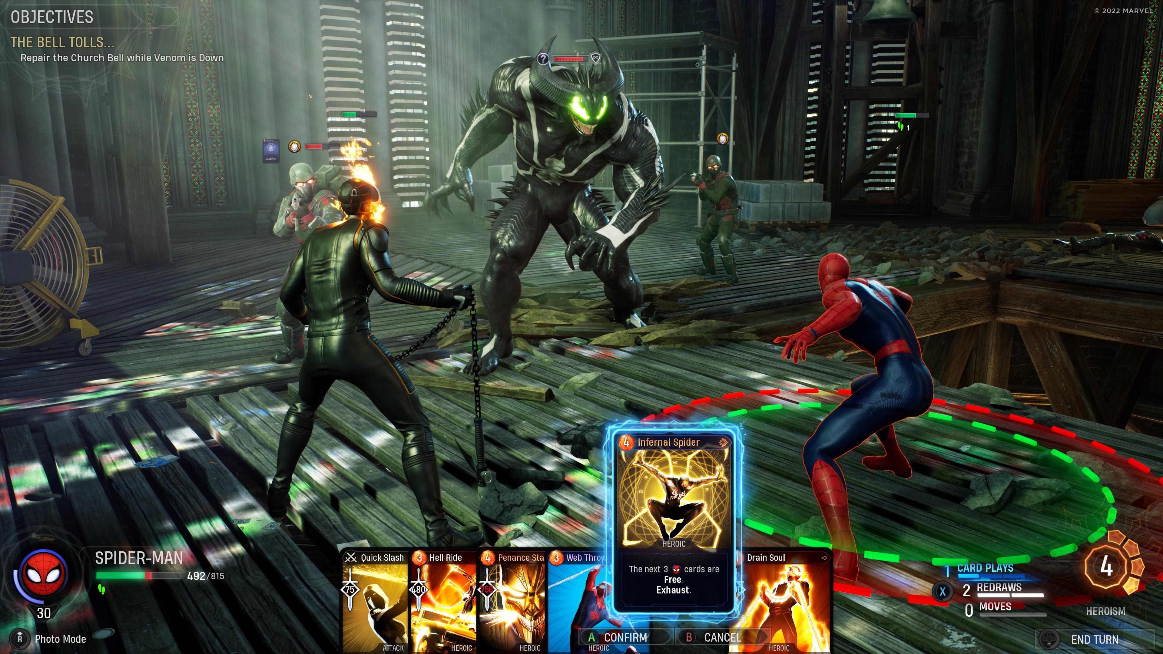 Spider-Man and Ghost Rider face off against the demonic Fallen Venom, and HYDRA soldiers via Marvel's Midnight Suns (2022), 2K