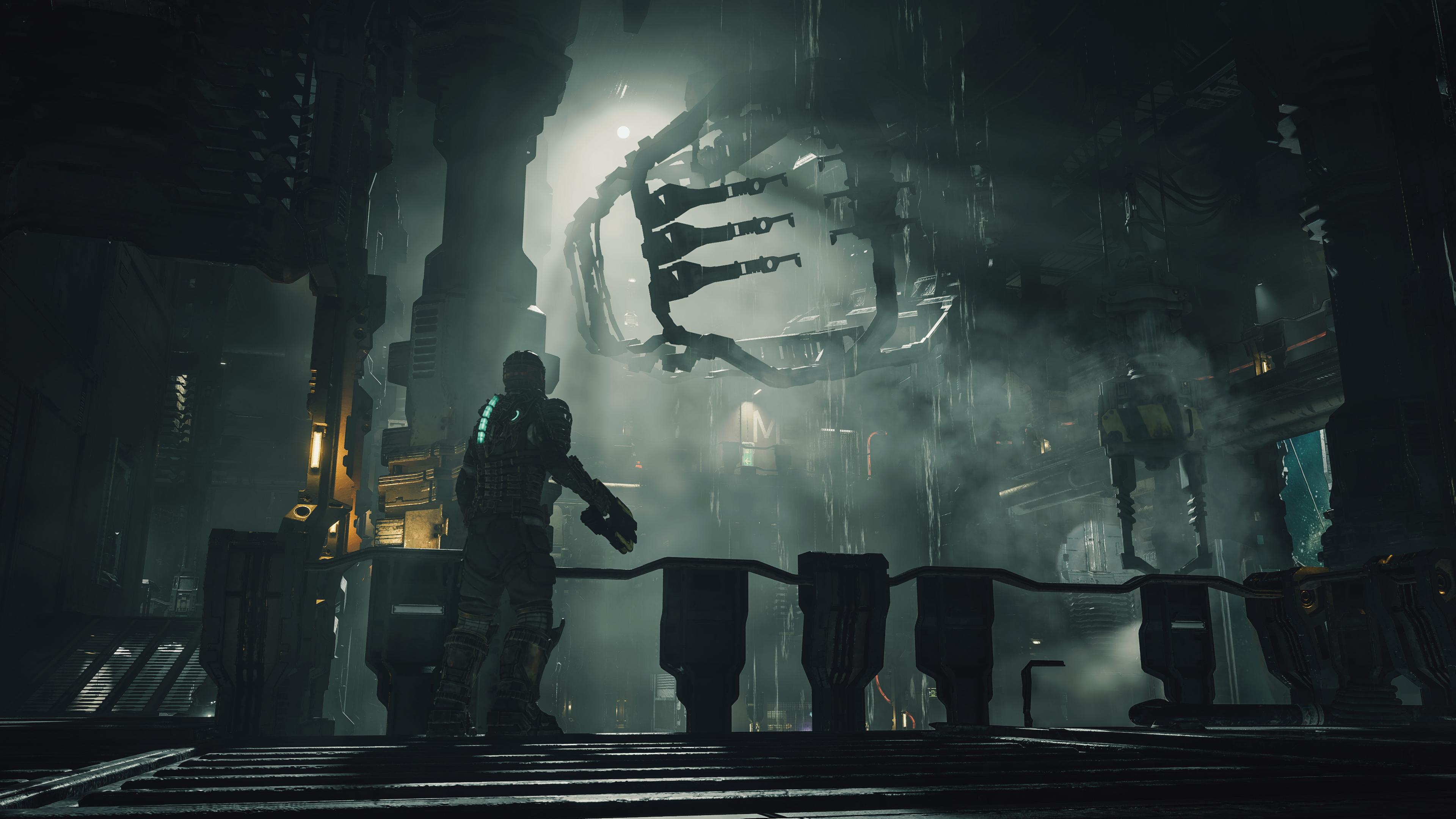Isaac Clarke looks out over the USG Ishimura's abandoned rooms via Dead Space (2023), Electronic Arts