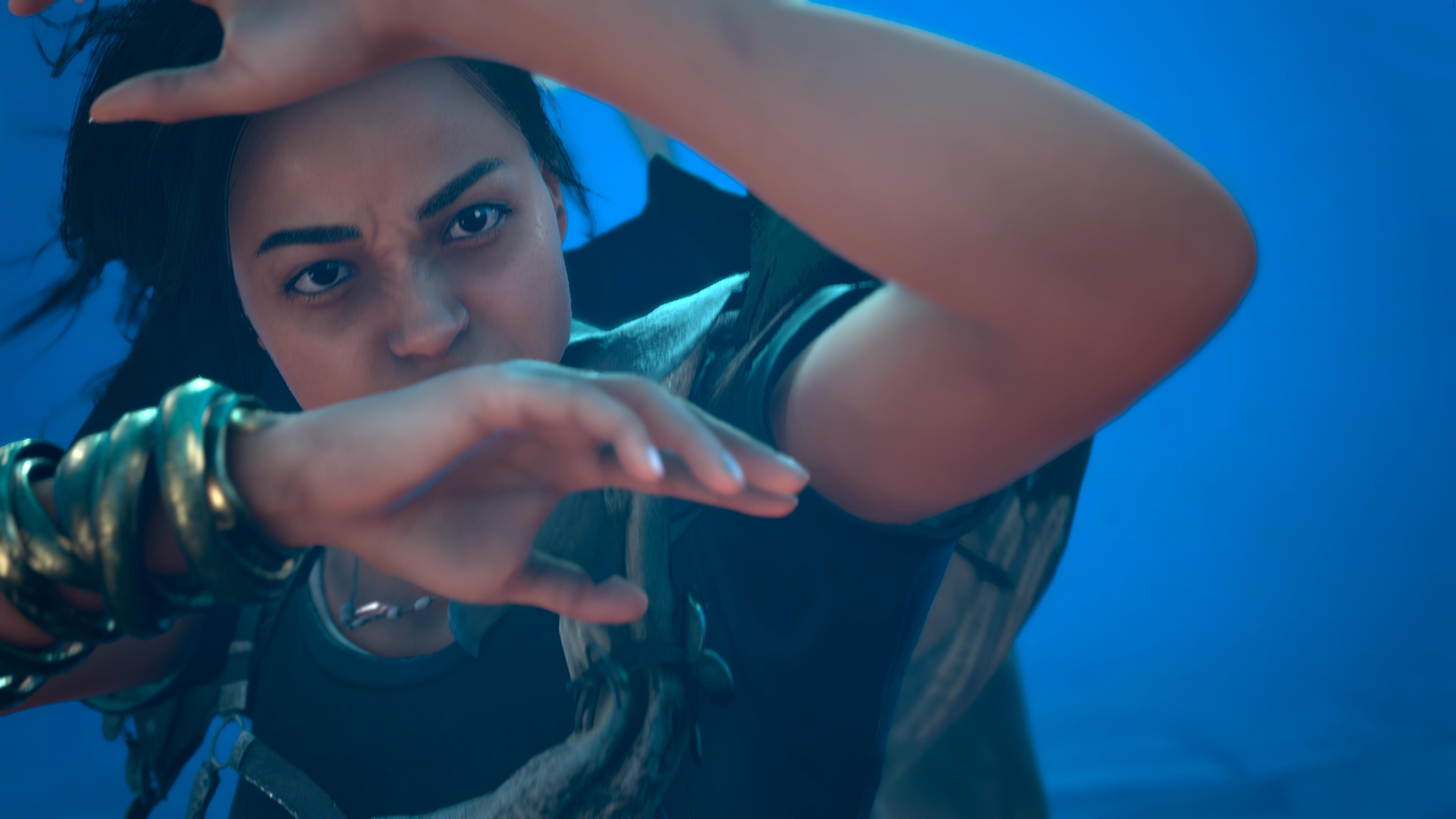 Freya (Ella Balinska) braces herself against the winds of Athia in Forspoken (2023), Square Enix